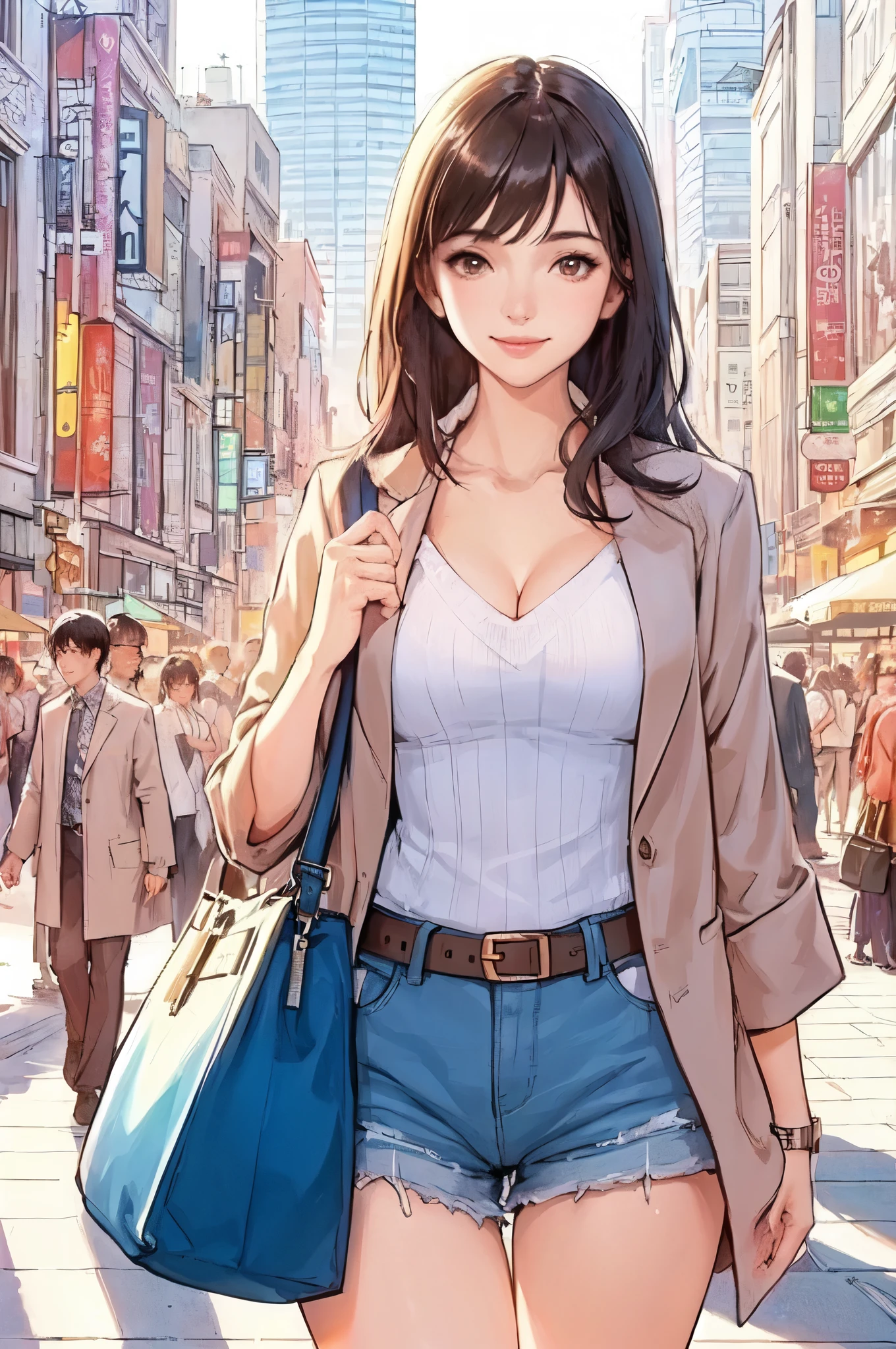 1 Female (Explore the city), (Stylish clothing), Mature Woman, /(Black Hair/) bangs, A light smile, (Masterpiece Top quality:1.2) Delicate illustrations, super detailed, large breasts break (Holding a designer bag) break (Gorgeous downtown street) Outdoor, noon, Crowded, Detailed Background