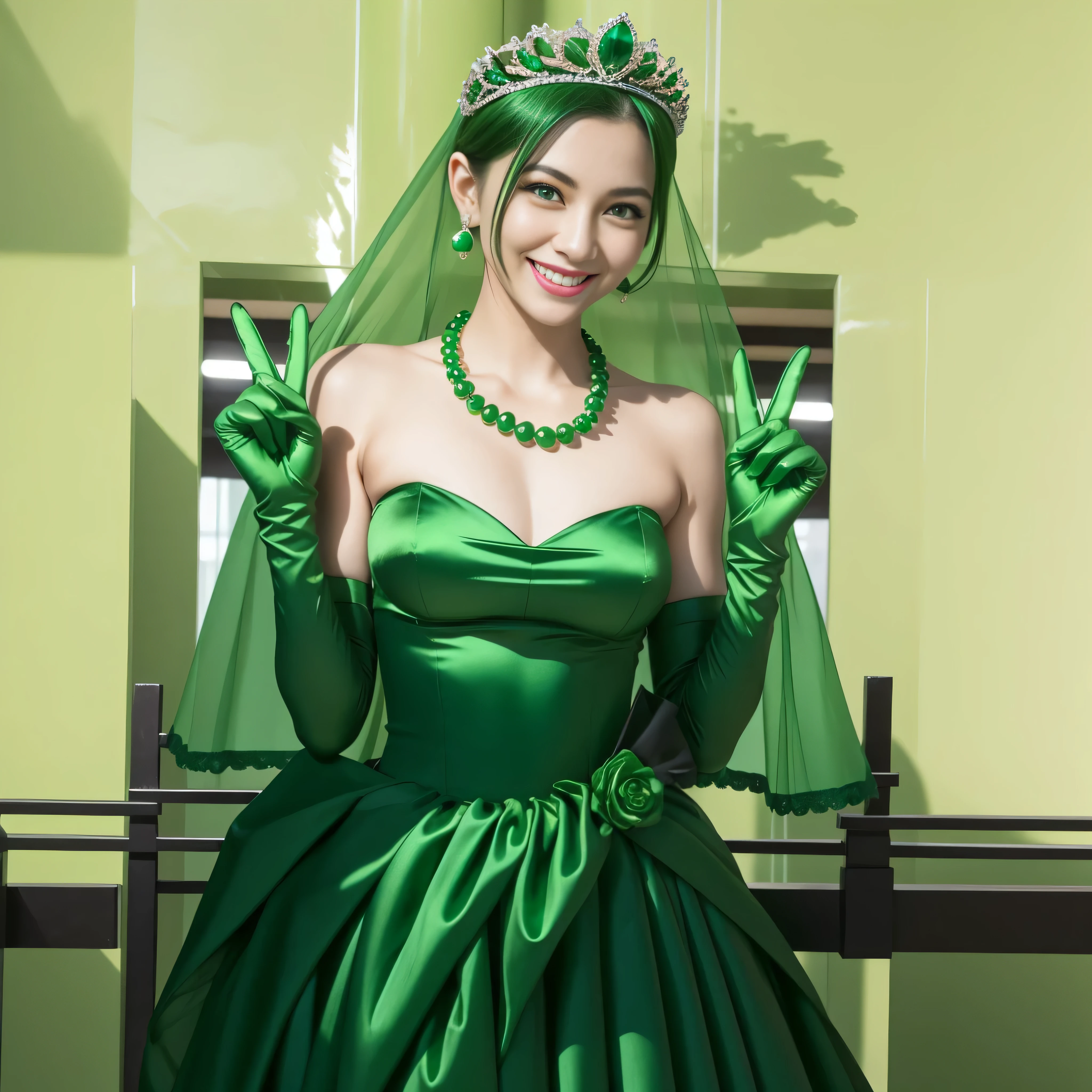 Emerald tiara, Green Pearl Necklace, Boyish very short green hair, lipstick, Smiling Japanese woman, Very short hair, Big and beautiful, Green Eyes, Long green satin gloves, Green Eyes, v sign, Emerald Earrings, Green veil
