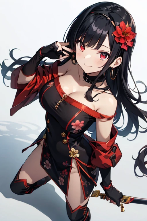 Anime style beutiful woman, 1girl,fullbody, happy, (with sparkling eyes and a contagious smile:1.2), red face, closed mouth, beautiful detailed eyes, super detailed skin, backlighting, bare shoulders, black background, black dress, black gloves, black hair, breasts, dress, earrings, fingerless gloves, floating hair, floral print, flower, gloves, gold earrings, gold hairband, hair flower, hair ornament, hairband, holding, holding weapon, jewelry, large breasts, long hair, looking at viewer, off-shoulder dress, off shoulder,red eyes, short hair with long locks, sidelocks, solo, spikes, thighs, two-sided dress, two-sided fabric, weapon, fighting stance , face, close up, from above, highest quality, high resolution,Real World, Natural light,perfect Natural light,looking at viewer,