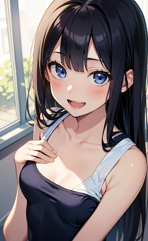 (masterpiece:1.4、top-quality、illustration:1.4,realistic、)、(character focus、breast focus,upper body:1.3)、(1girl),(Open mouth happy smile:1.3),(cute),cute face,blue eyes、(cute)、
,(stand:1.4),(black long hair),
,(slender),(school swimsuit),
(),(), (small breasts:1.3)、
、slender、nsfw
