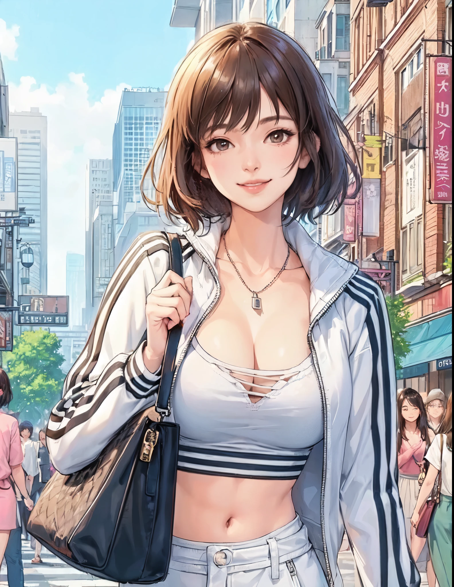 1lady solo, (strolling through city), (stylish outfit) (chic and sporty attire), mature female, /(brown hair/) bangs, kind smile, (teeth:0.8), (masterpiece best quality:1.2) delicate illustration ultra-detailed, large breasts BREAK (holding designer's bag) BREAK (populous downtown) outdoors, noon, crowded, detailed background
