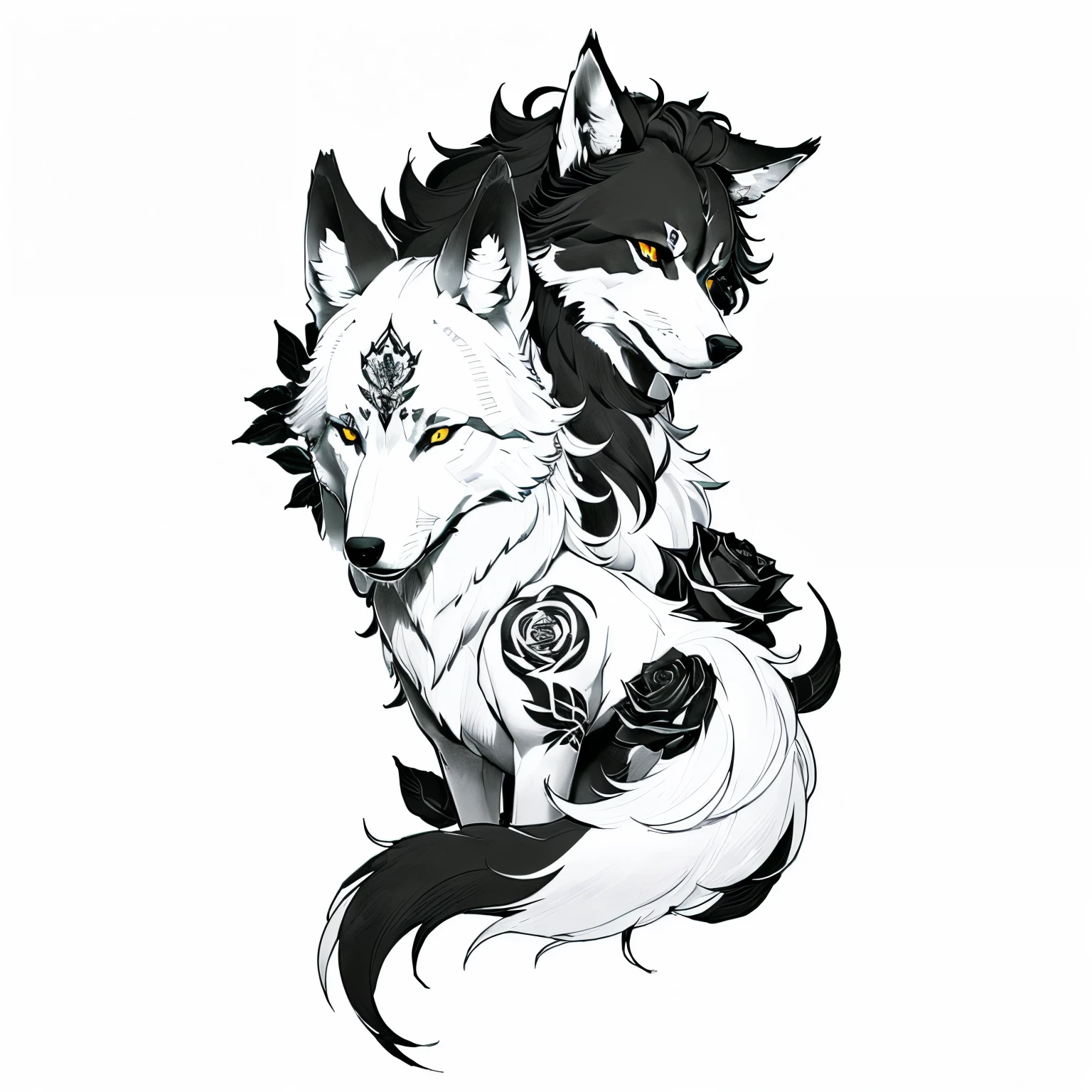 a black and white drawing of a wolf with a rose on its head, tattoo stencil, tattoo design, a tattoo of a fox, concept tattoo design, wolf head, line drawing tattoos, alpha wolf head, medium sized tattoo sketch, tattoo design sketch, black and white tattoo, black and white vector art, an anthropomorphic wolf, black ink outline