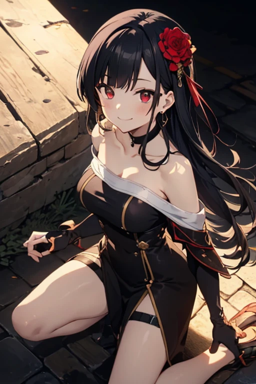 Anime style beutiful woman, 1girl,fullbody, happy, (with sparkling eyes and a contagious smile:1.2), red face, closed mouth, beautiful detailed eyes, super detailed skin, backlighting, bare shoulders, black background, black dress, black gloves, black hair, breasts, dress, earrings, fingerless gloves, floating hair, floral print, flower, gloves, gold earrings, gold hairband, hair flower, hair ornament, hairband, holding, holding weapon, jewelry, large breasts, long hair, looking at viewer, off-shoulder dress, off shoulder,red eyes, short hair with long locks, sidelocks, solo, spikes, thighs, two-sided dress, two-sided fabric, weapon, fighting stance , face, close up, from above, highest quality, high resolution,Real World, Natural light,perfect Natural light,looking at viewer,