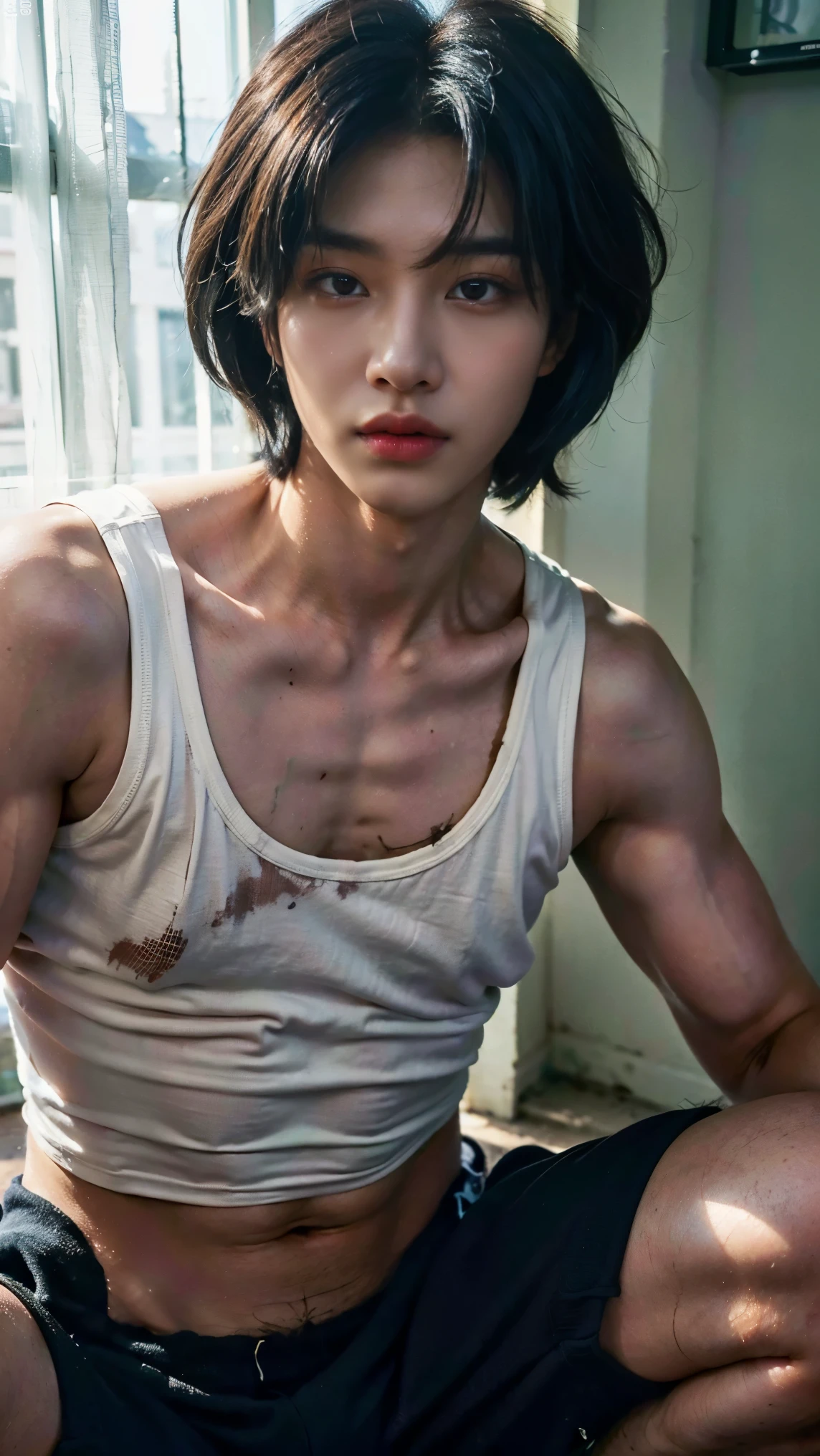 Realistic photos, 8k,(((dirty下水道の中,Crouching,It is dirty,Bad smell,dirty,odor,Homeless,Depraved,Handsome young Korean ladyboy with bob cut))),(((Very big beautiful eyes,Glaring at the camera,Unpleasant,Bad mood))),Chest is male,18-year-old,(Ultra-realistic), (figure), (High resolution), (8k), (Very detailed), (Best figure), (Beautiful fine details), (highest quality), (Super detailed), (masterpiece), (wallpaper), (Detailed face), ((whole body,Flat Chest,Very muscular)),alone,Black hair bob cut,(((A girl with makeup on her face,The body is a perfect man))), Black tank top,Training pants,Transgender,Korean,kpop,Muscular male chest