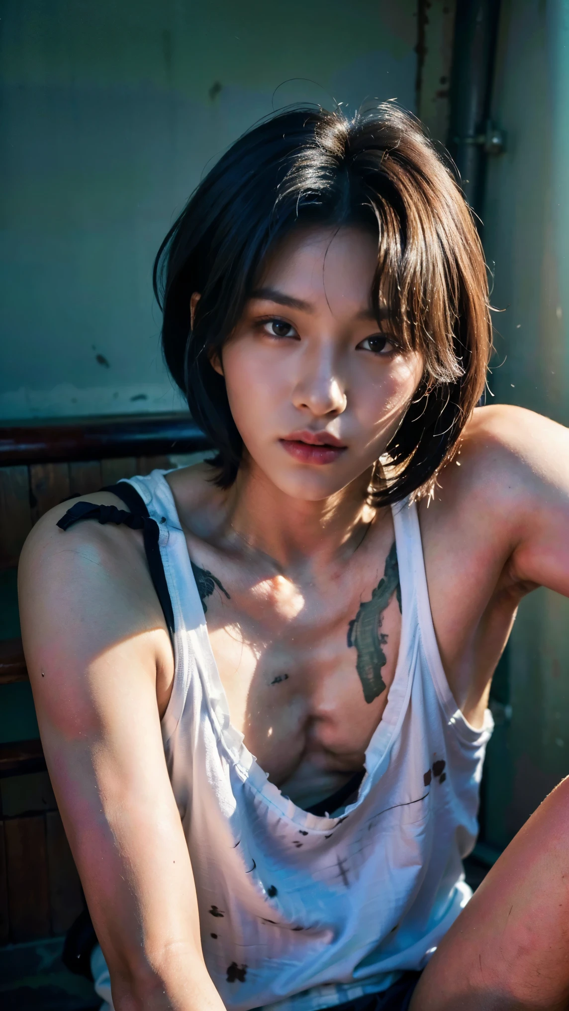 Realistic photos, 8k,(((dirty下水道の中,Crouching,It is dirty,Bad smell,dirty,odor,Homeless,Depraved,Handsome young Korean ladyboy with bob cut))),(((Very big beautiful eyes,Glaring at the camera,Unpleasant,Bad mood))),Chest is male,18-year-old,(Ultra-realistic), (figure), (High resolution), (8k), (Very detailed), (Best figure), (Beautiful fine details), (highest quality), (Super detailed), (masterpiece), (wallpaper), (Detailed face), ((whole body,Flat Chest,Very muscular)),alone,Black hair bob cut,(((A girl with makeup on her face,The body is a perfect man))), Black tank top,Training pants,Transgender,Korean,kpop,Muscular male chest
