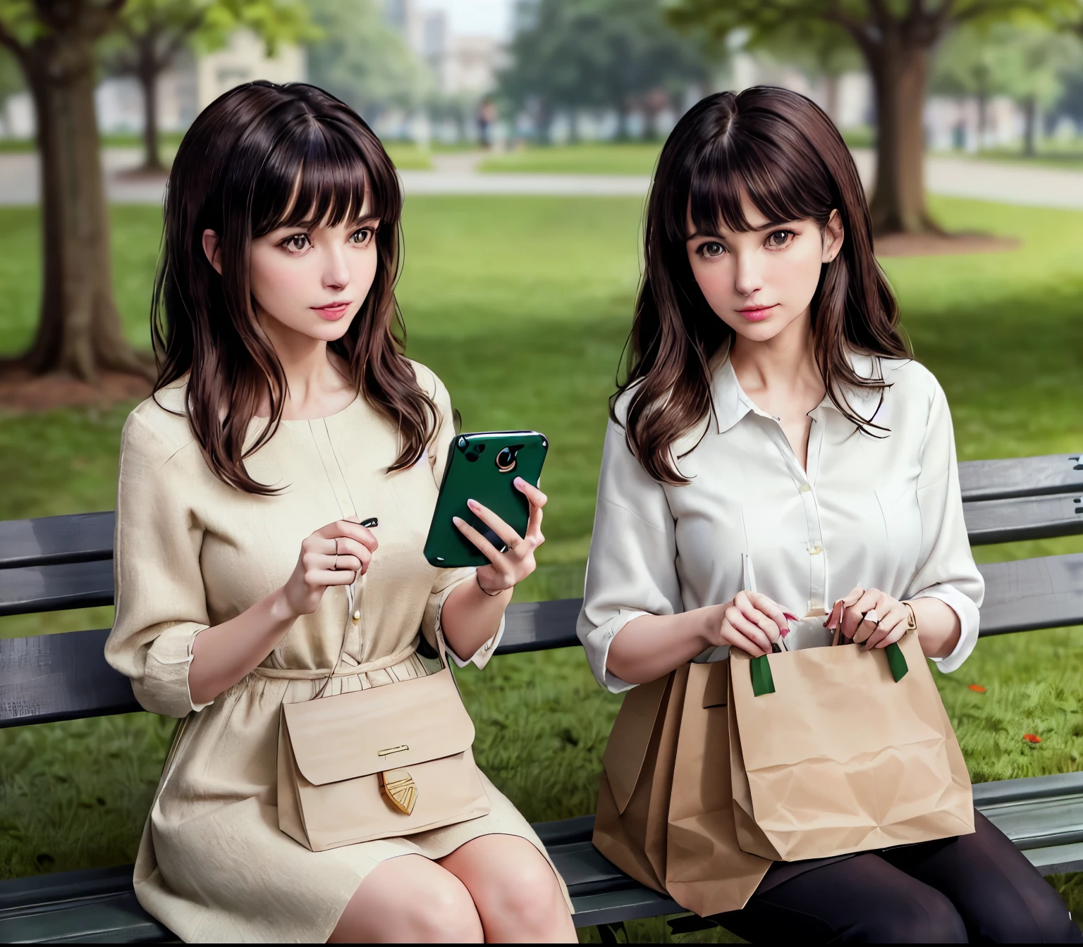 2lady, Sit on it (Bench end), (Office staff outfit) fashionable, Mature female, /(Brown hair/) Bangs, (Looking at the phone), (Masterpiece Best Quality:1.2) Exquisite illustrations with rich details, large breasts rest /(Black Hair/) Bangs, (Staring into the distance) rest ((Simple paper bag:1.2) Sitting in the middle of the bench) rest (Ordinary city park) outdoor, (green landscape), noon, Detailed background