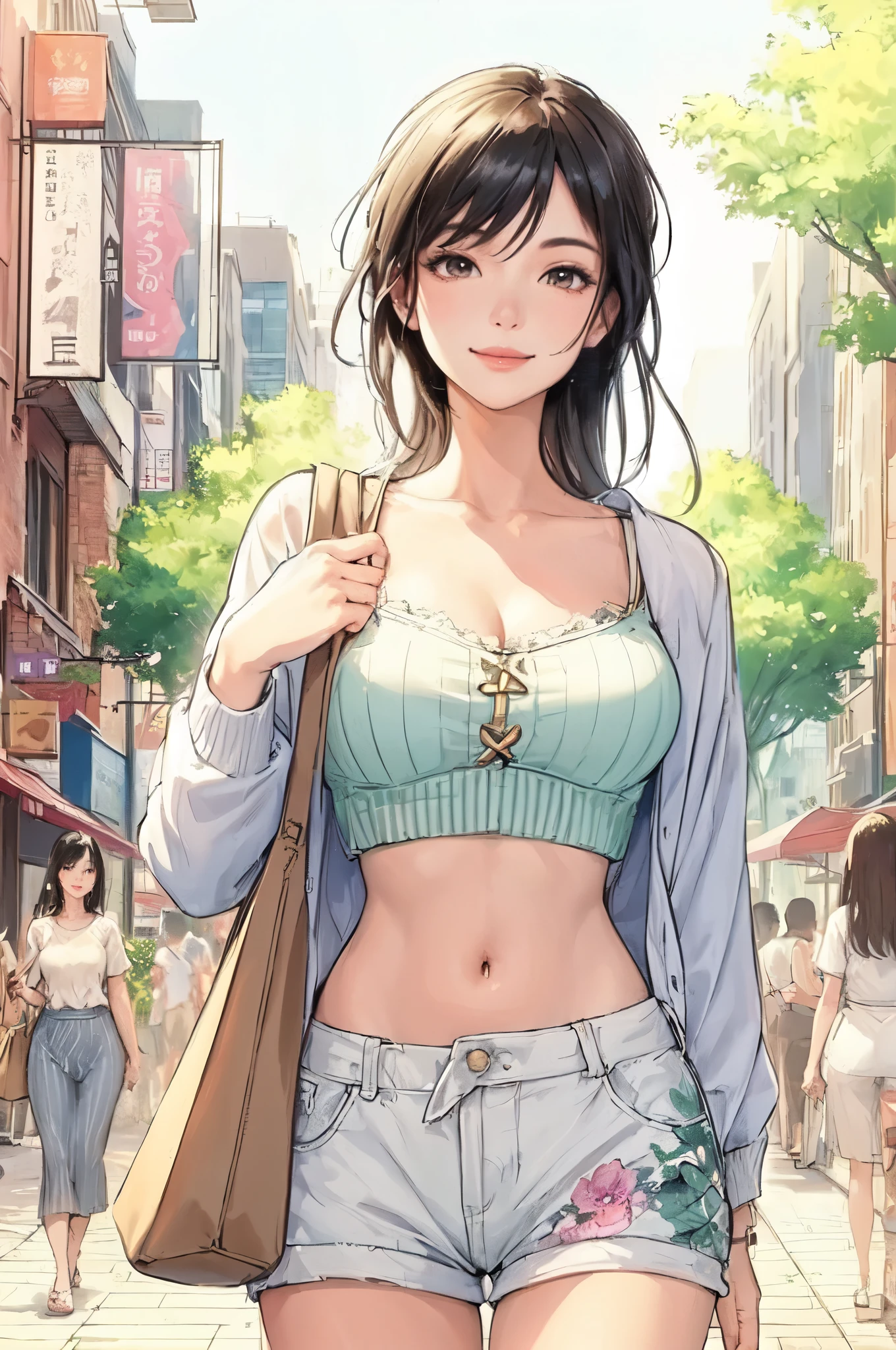 1lady solo, (strolling through city), (stylish outfit) (refreshing and sporty attire), mature female, /(black hair/) bangs, kind smile, (masterpiece best quality:1.2) delicate illustration ultra-detailed, large breasts BREAK (holding designer's bag) BREAK (populous downtown) outdoors, noon, crowded, detailed background