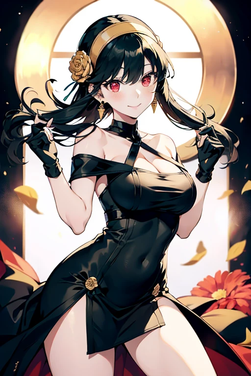 Anime style beutiful woman, 1girl,fullbody, happy, (with sparkling eyes and a contagious smile:1.2), red face, closed mouth, beautiful detailed eyes, super detailed skin, backlighting, bare shoulders, black background, black dress, black gloves, black hair, breasts, dress, earrings, fingerless gloves, floating hair, floral print, flower, gloves, gold earrings, gold hairband, hair flower, hair ornament, hairband, holding, holding weapon, jewelry, large breasts, long hair, looking at viewer, off-shoulder dress, off shoulder,red eyes, short hair with long locks, sidelocks, solo, spikes, thighs, two-sided dress, two-sided fabric, weapon, fighting stance , face, close up, from above, highest quality, high resolution,Real World, Natural light,perfect Natural light,looking at viewer,