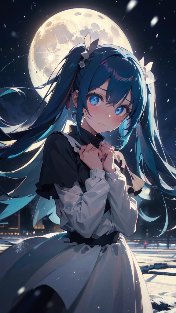 (masterpiece、highest quality)、1 girl ,Grim expression、hatsunemiku,Warm lighting、 Blurred foreground、night、High Contrast、Twin tails,blue gem eyes,Blue Hair,night,snowing,Heavy snowfall,winter,Alone in the vast snowy field,whole body,curse,Looking at me,Huge construction,moon,whole body,shine,bright,Sad expression,whole body,sad face,Huge structures,universe,planet,Standing,Ruin,heavy snow,A world of white silver,Grim expression,tears