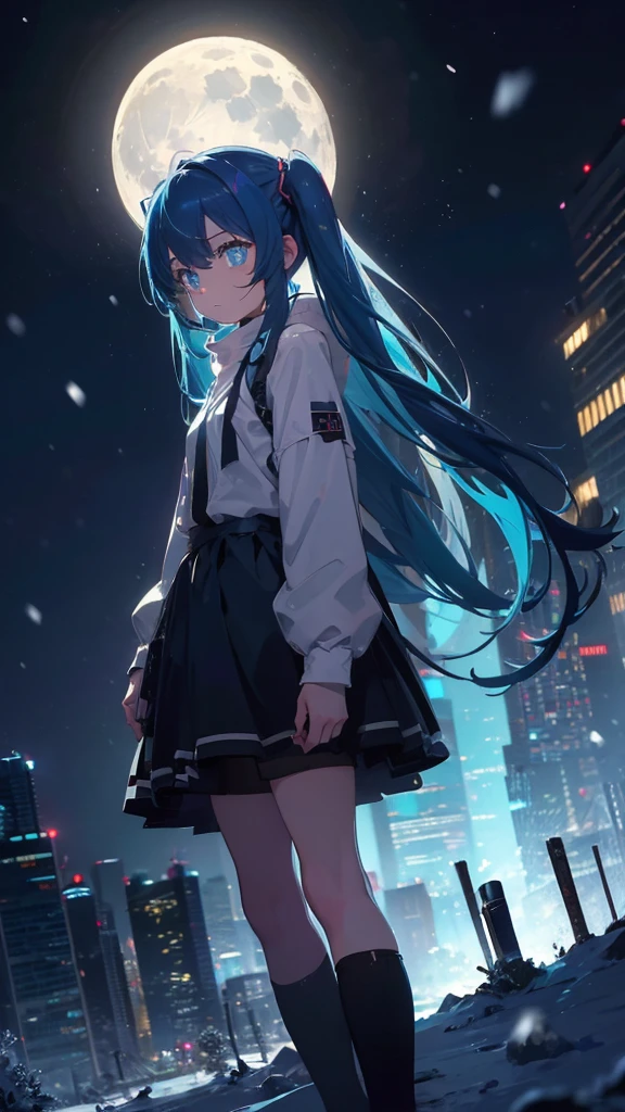 (masterpiece、highest quality)、1 girl ,Grim expression、hatsunemiku,Warm lighting、 Blurred foreground、night、High Contrast、Twin tails,blue gem eyes,Blue Hair,night,snowing,Heavy snowfall,winter,Alone in the vast snowy field,whole body,curse,Looking at me,Huge construction,moon,whole body,shine,bright,Sad expression,whole body,sad face,Huge structures,universe,planet,Standing,Ruin,heavy snow,A world of white silver,Grim expression,tears