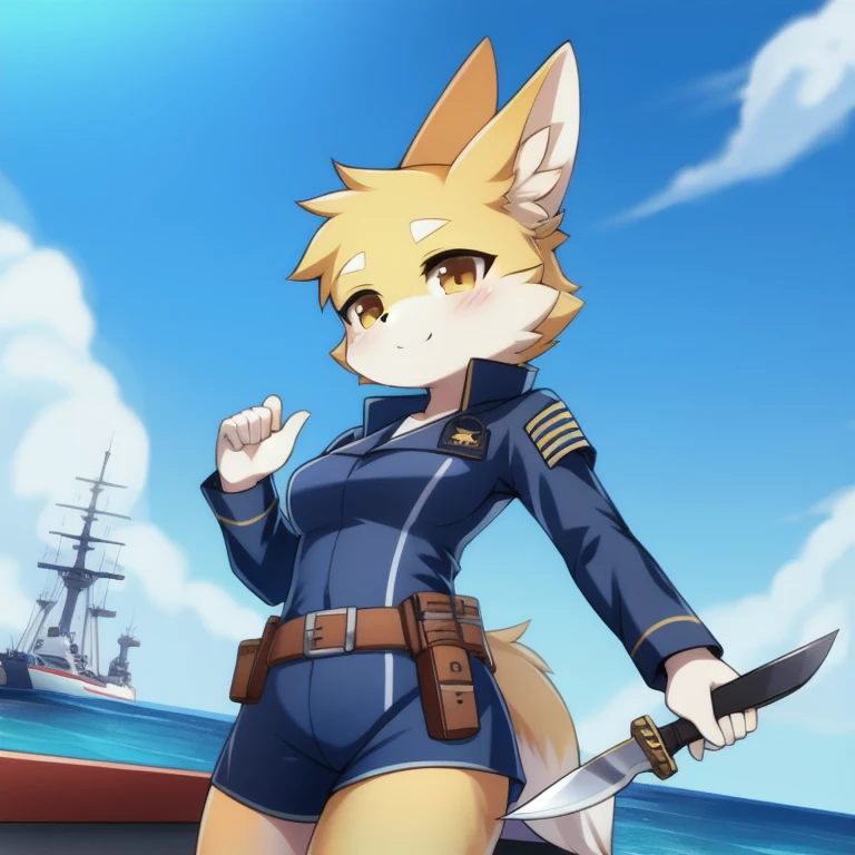 Solo, female,yellow fur, battleship navy uniform, diver knife on belt, 
