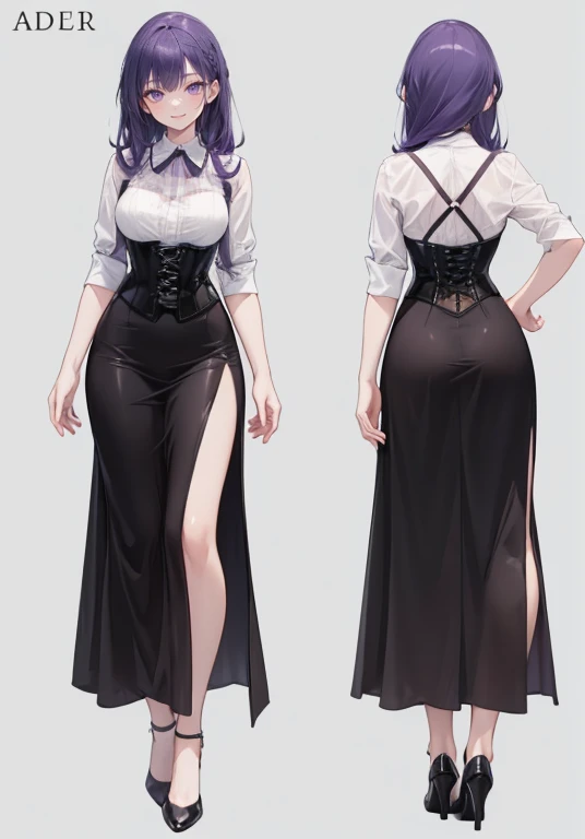 Purple hair,Long hair,Adult female,Bartender,((Body harness)),((Rolling up your sleeves shirt)),(Corset),(Long skirt),(slit),High heels,((Simple background)),Smile,((Full body)),((whole body)),Character Sheet,