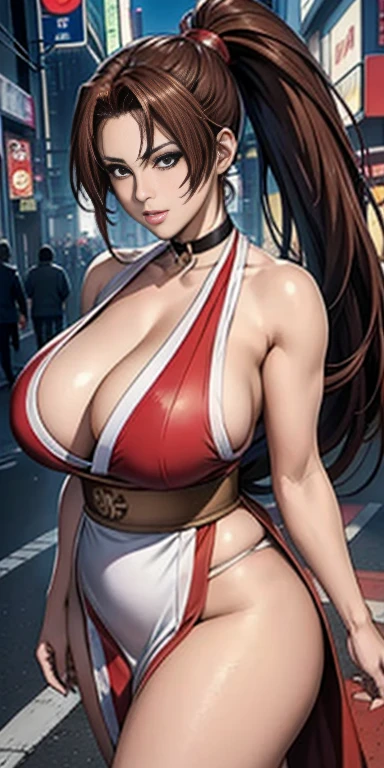 red dress, sleeveless, japanese clothes, ((Mai Shiranui:1.2)), Cyberpunk, bare shoulders, brown hair, brown eyes, long high ponytail, hair tie, makeup, 1 girl, sleeve, 25yo, Japanese mature female, beautiful finger, beautiful long legs, beautiful body, beautiful nose, beautiful character design, perfect eyes, perfect face, jewelry, hands on chest, see-through, looking at viewer, hair ornament, choker, shy, king of fighters,
(masterpiece, top quality, best quality, official art, beautiful and aesthetic: 1.2), (1 girl), extremely detailed, colorful, more detailed, lying on floor, camera above her,
(large breasts:1.2,) upper body, bottom, cameltoe, white panties, floating skirt,
Cyberpunk Little Tokyo district, bustling with neon signs, night, Japanese Culture, Japanese Art