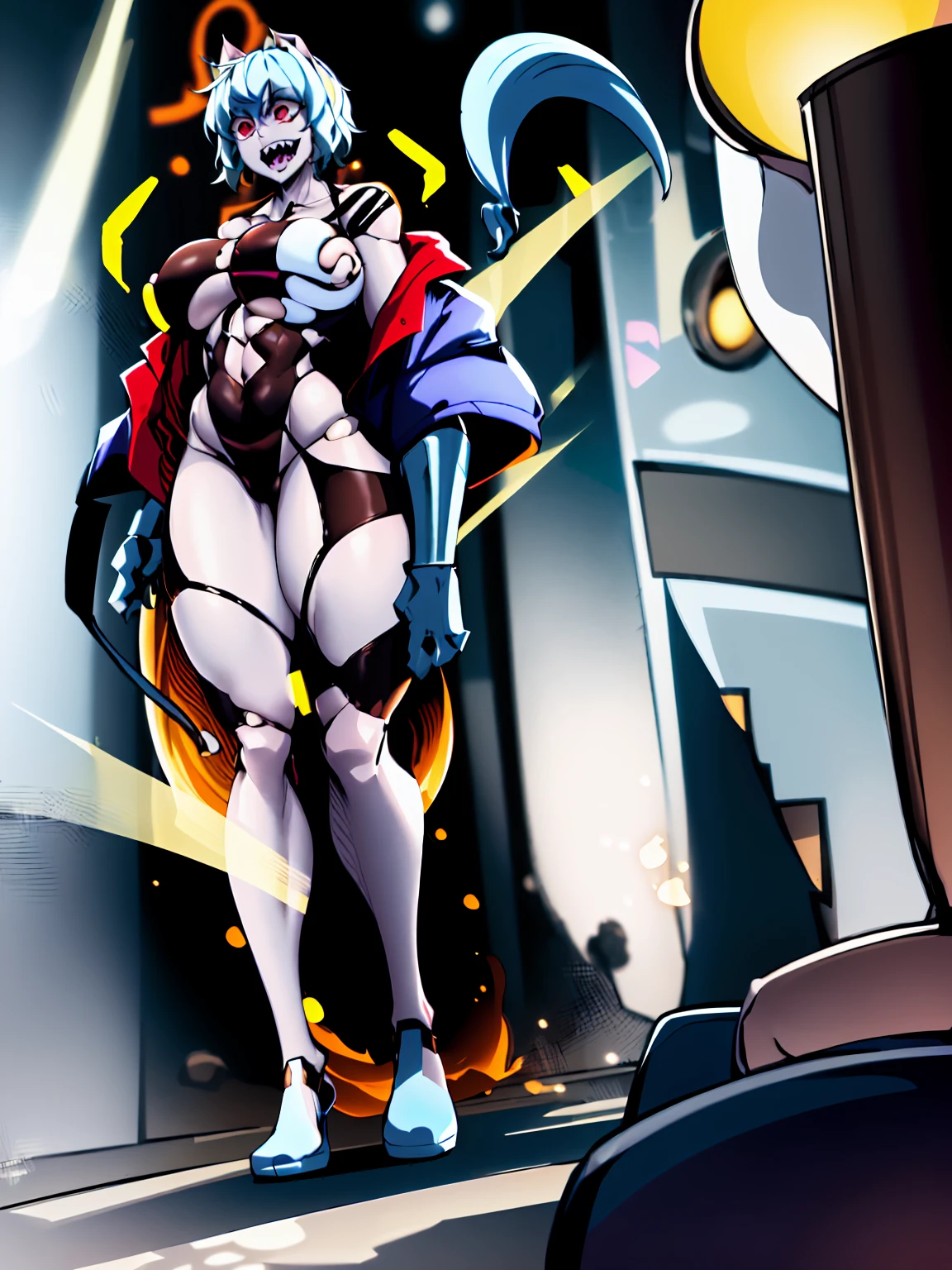 solo,open mouth,fangs,smile, Neferpitou,1girl,red eyes,cat ears, blue jacket,double-breasted, (nature:1.2),stading, full body, boots, huge breast, curvy, tall female,refsheet, cat tails,Neferpitou,1girl,red eyes,cat ears, blue jacket,double-breasted, (brown shorts:1.2),striped, brown socks,blue footwear, doll joints,(nature:1.2),solo,combat stance,lora:add_detail:1>,solo,open mouth,fangs,smile, fangs, sharpteeth,,{best quality}, {amazing quality} {best quality},{amazing quality},, {absurdres},{{highres}}, {very aesthetic}, {detailed}, curvy, tall, huge breast, character focus, white background,full-length portrait,