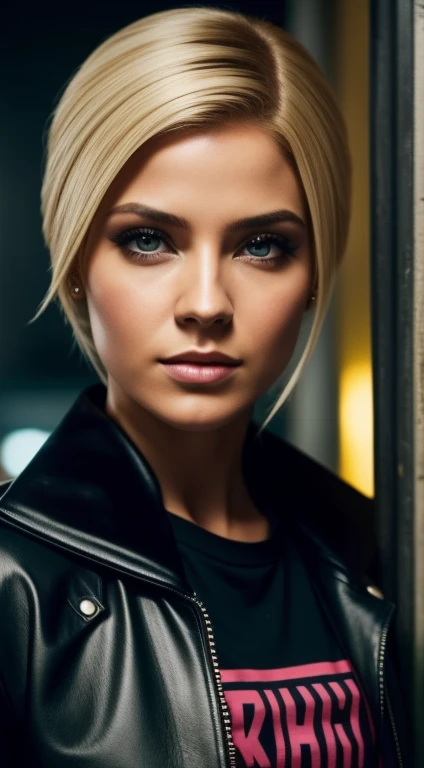 Close-up, uma bela moda elegante russa, blonde, roupa esfarrapada, cabelo curto chelsea corte lateral, roupa punk, roupa rosa, batom, action movie scene, Dystopian Dinner Cinematic Blade Runner, noite, movimentado com sinais de neon, blade runner aesthetics, lotado de pessoas, cinematografia de filmes, gangue trash, pessoa atraente, High emphasis on detail, vestindo equipamentos de tecnologia do tempo, gangue trash, vida noturna, cheio de vida, gangue trash, action movie shot by Kon Satoshi, estilo Semi Impasto, pintura fosca, atmospheric, brilhante, lighting dramatic, olhos bonitos, symmetric eyes, olhos perfeitos