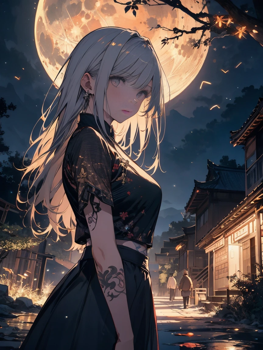 Official Art, ancient China, Ancient Street, (Lots of fireflies), (night), (moon), Light, Beautiful views,
Spectacular landscapes, Realistic Light, masterpiece, high quality, Beautiful graphics, Attention to detail , Global Illumination,
Unreal Engine Rendering, Octane Rendering, (High resolution: 1.3),One girl, alone, white_hair, Tattoo, cave, Lush,