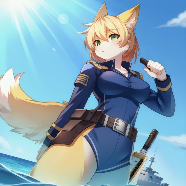 Solo, female,yellow fur, battleship navy uniform, diver knife on belt,