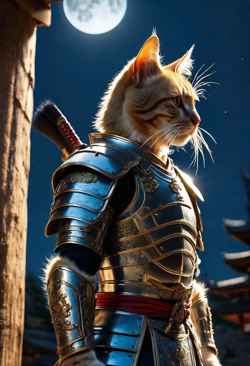 Anthropomorphic Cat in full samurai armour, photorealistic, standing in front of a temple, in the moonlight, view from below looking up