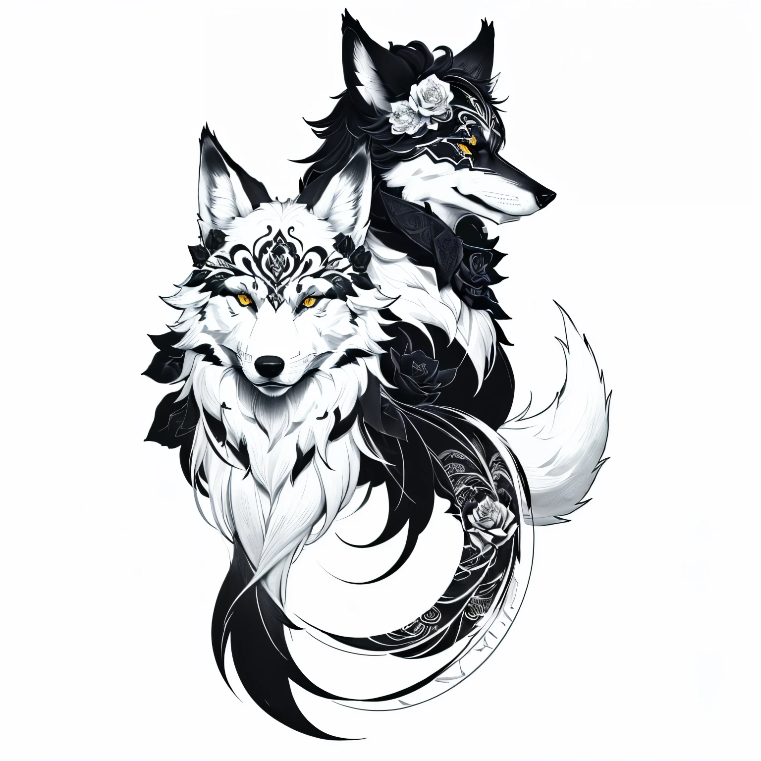 a black and white drawing of a wolf with a rose on its head, tattoo stencil, tattoo design, a tattoo of a fox, concept tattoo design, wolf head, line drawing tattoos, alpha wolf head, medium sized tattoo sketch, tattoo design sketch, black and white tattoo, black and white vector art, an anthropomorphic wolf, black ink outline