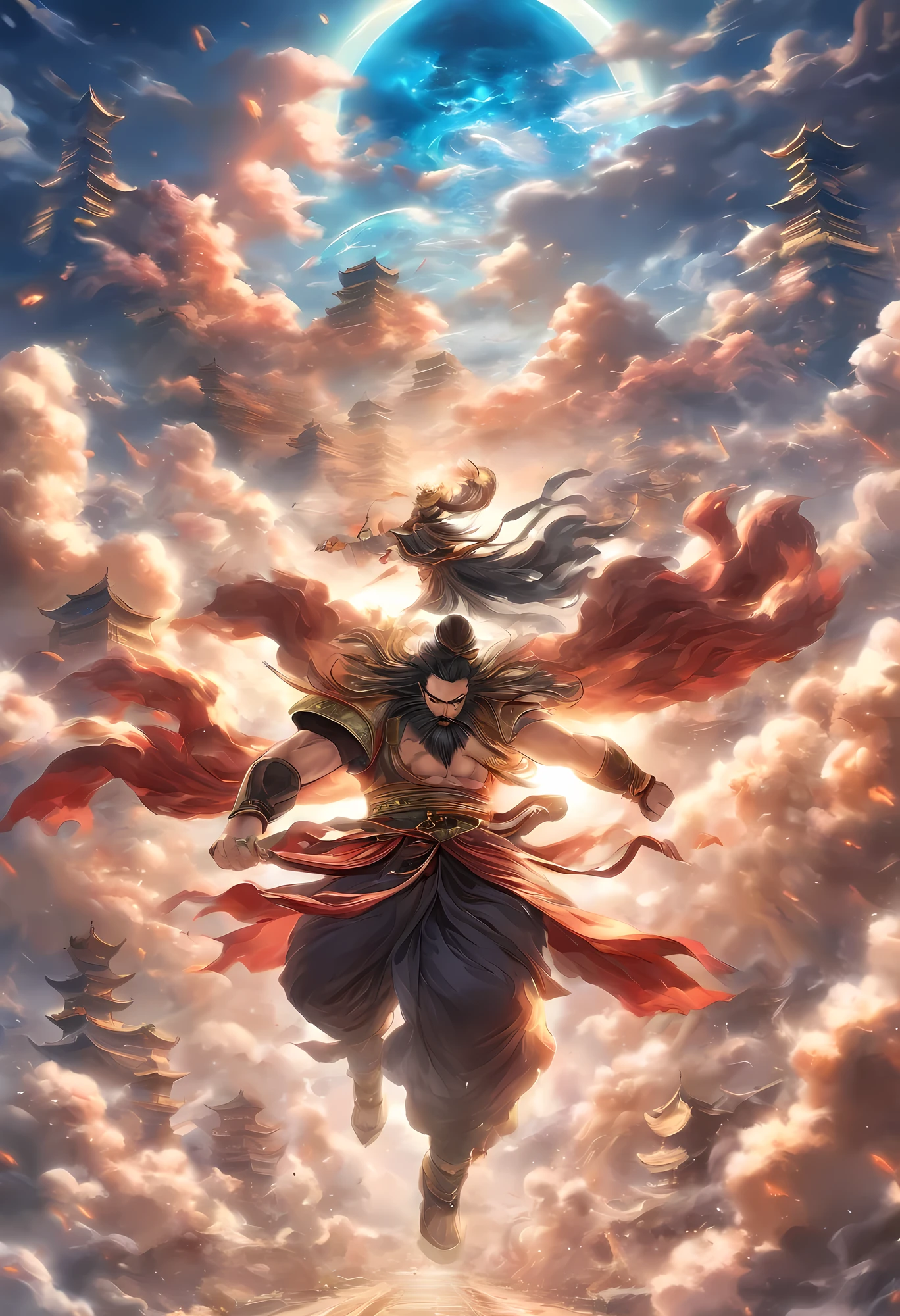 ((masterpiece))，(best quality))，Chinese style，In the sky, the clouds form a huge giant Chinese man with black beards，thick clouds，The sun shines，Pilgrims on the Road，hyper-realistic，Ultra photo realism， Real photos，8k，high definition，high quality，Master works，super-fine，（（（OC renderer）））
