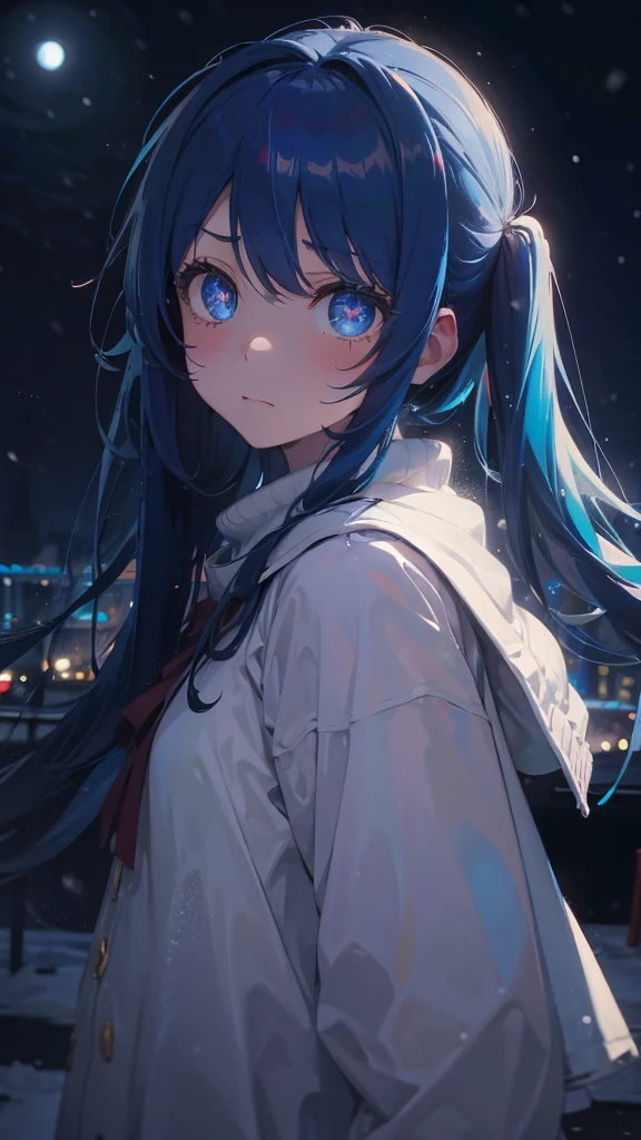 (masterpiece、highest quality)、1 girl ,Grim expression、hatsunemiku,Warm lighting、 Blurred foreground、Deep in the night、High Contrast、Twin tails,blue gem eyes,Blue Hair,night,snowing,Heavy snowfall,winter,Alone in the vast snowy field,whole body,curse,Looking at me,Huge construction,moon,whole body,shine,bright,Sad expression,whole body,sad face, blizzard