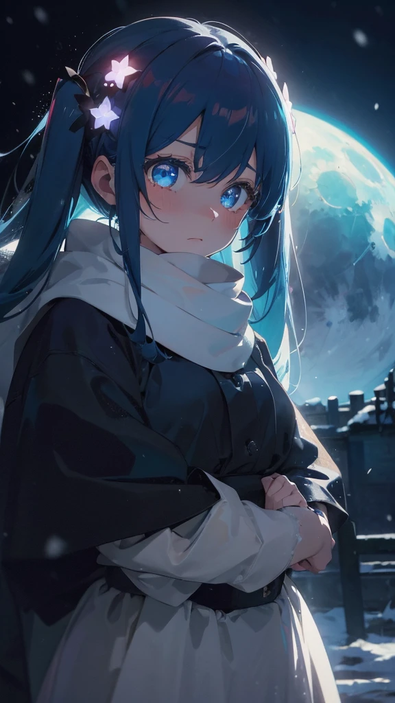 (masterpiece、highest quality)、1 girl ,Grim expression、hatsunemiku,Warm lighting、 Blurred foreground、night、High Contrast、Twin tails,blue gem eyes,Blue Hair,night,snowing,Heavy snowfall,winter,Alone in the vast snowy field,whole body,curse,Looking at me,Huge construction,moon,whole body,shine,bright,Sad expression,whole body,sad face,Huge structures,universe,planet,Standing,Ruin,heavy snow,A world of white silver,Grim expression,tears