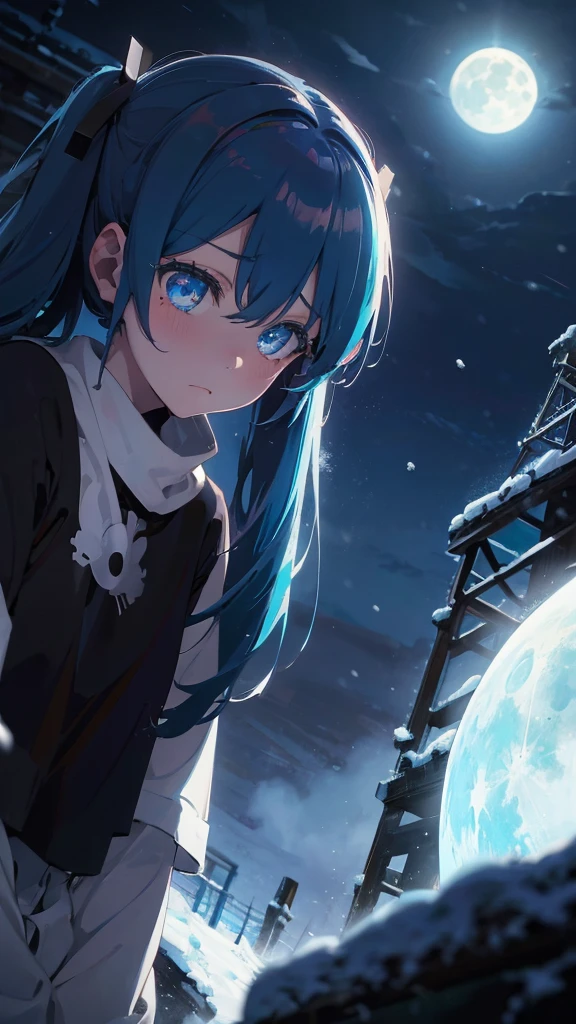 (masterpiece、highest quality)、1 girl ,Grim expression、hatsunemiku,Warm lighting、 Blurred foreground、night、High Contrast、Twin tails,blue gem eyes,Blue Hair,night,snowing,Heavy snowfall,winter,Alone in the vast snowy field,whole body,curse,Looking at me,Huge construction,moon,whole body,shine,bright,Sad expression,whole body,sad face,Huge structures,universe,planet,Standing,Ruin,heavy snow,A world of white silver,Grim expression,tears