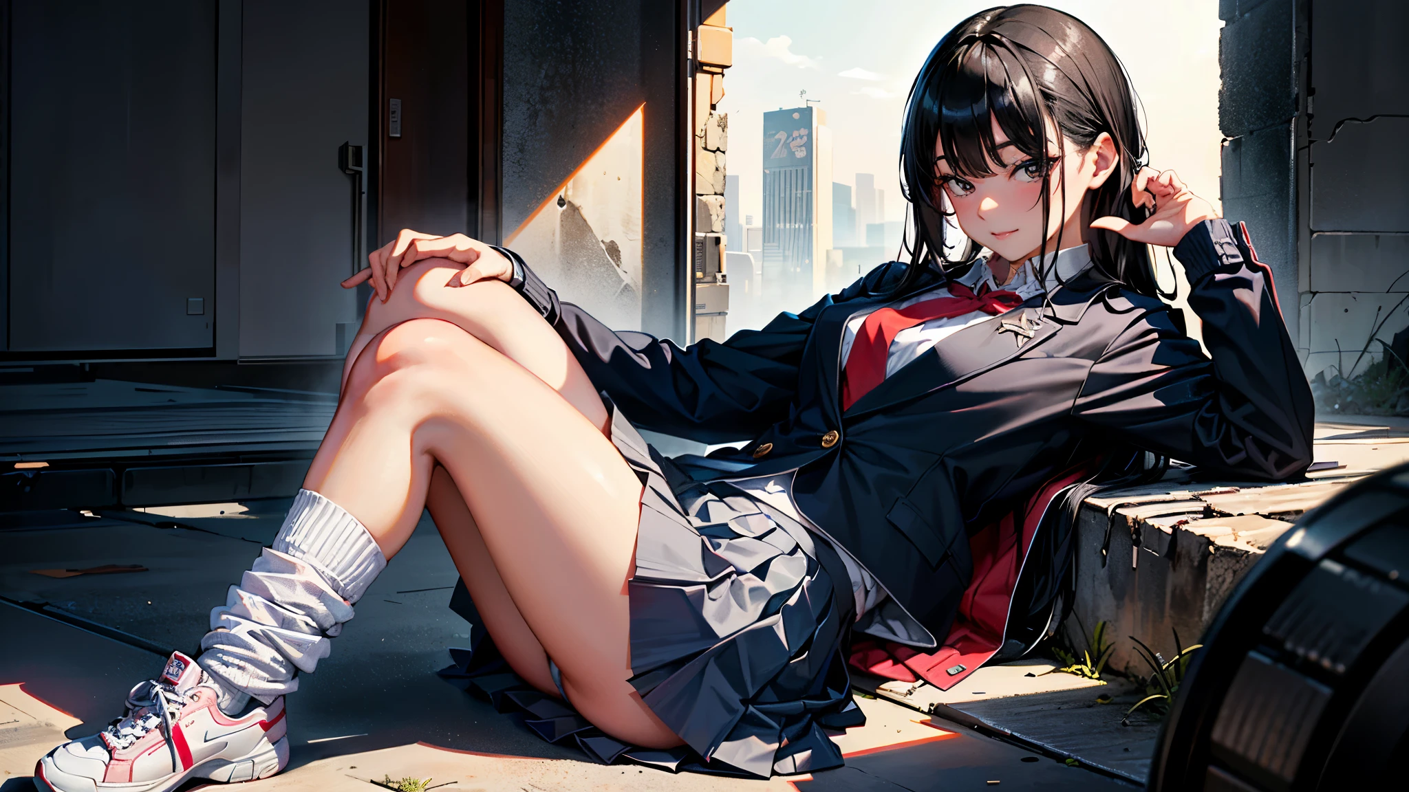 (8k, RAW Photos, 最high quality, masterpiece:1.2), high qualityのRAWカラー写真, Professional photo shoot, Cinematic Light, alone, (((young woman, Gal))), (Sharp features), (Small face), (Skin with attention to detail:1.2), clavicle, Cute face, Beautiful appearance, Long eyelashes,Girl Turning Around, smile, (Black Hair, Long straight line), high school student, Red tie, High School Uniform:1.2, Black jacket, Open jacket, Jacket cuff buttons, White shirt, Check skirt,(( Gray ruins)), Confident attitude, Capture the happy moment, Artistic painting,Attractive thighs, loose socks:1.2, sneakers:1.2, (Very fine touch:1.2), (はにかんだsmile), Peaceful atmosphere, Bright colors, (Are standing:1.5, Leaning against the ruins, Full body portrait), Smooth texture, Gazing Eyes, Beautiful Skin, Shiny skin, ((Perfect Fingers, Five Fingers, Anatomically correct)), high quality, Surreal, ((Very detailed, photo shoot)),(Skirt flip、I can see her panties),,、Dramatic Lighting、Mysterious、Strong contrast、Anime Style