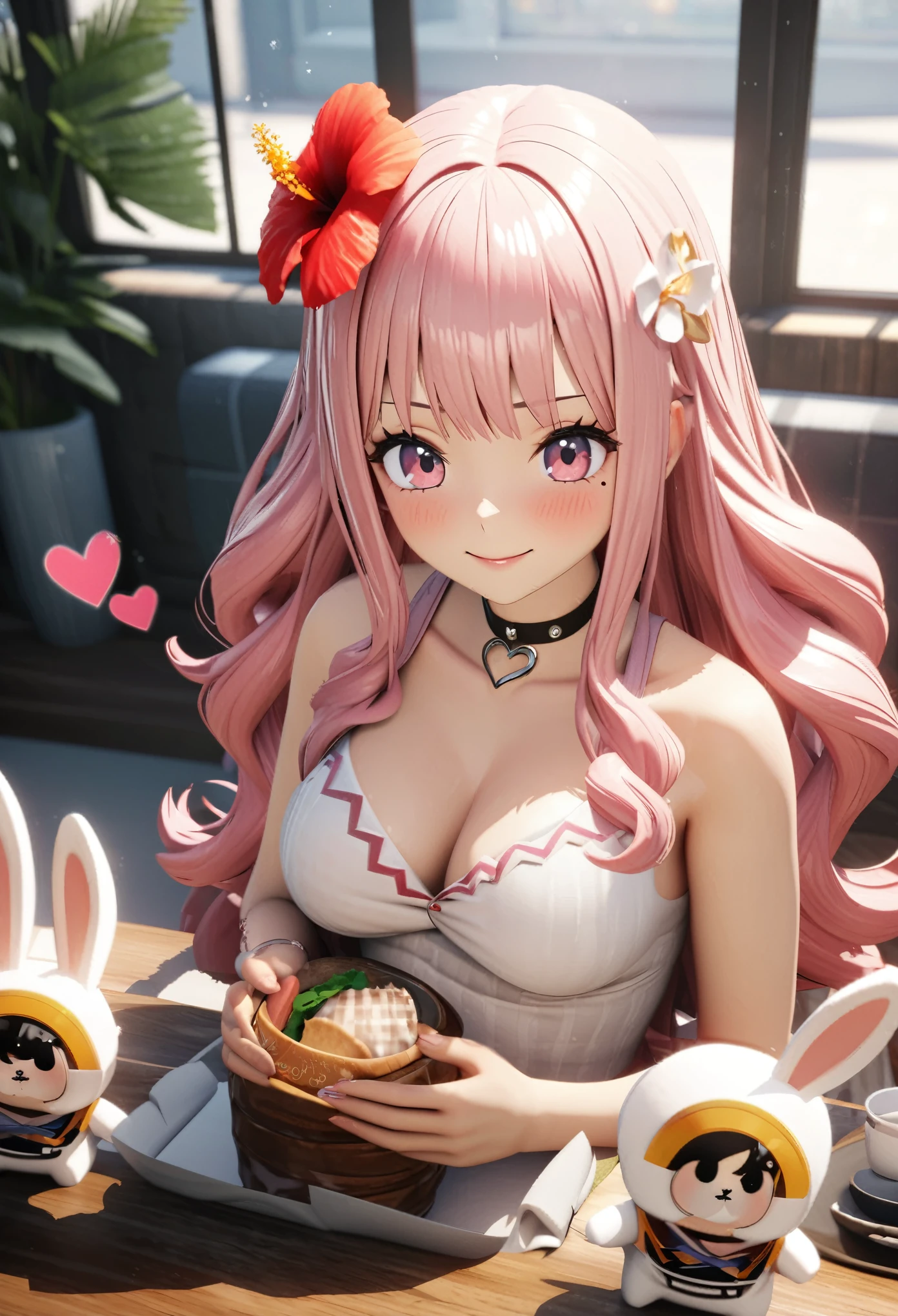 masterpiece, highest quality, Very detailed, High resolution, An expensive solution, High resolution, 4K, 8k, unity 8k wallpaper, Very detailed CG, masterpiece,  2D, 3D, Beautiful details, depth, Fine texture, highest quality: 1.3, Total concentration, Crisp skin, he, Very cute anime rabbit, A cute rabbit like an idol, expensive pink long hair, One Girl, Aloha One Piece, morning, morning食, hibiscus hair accessory, Smiling long pink hair, whole body, Mole under the eye, Line Sight, expensive, blush, Lips parted, heart, Pink Eyes, choker