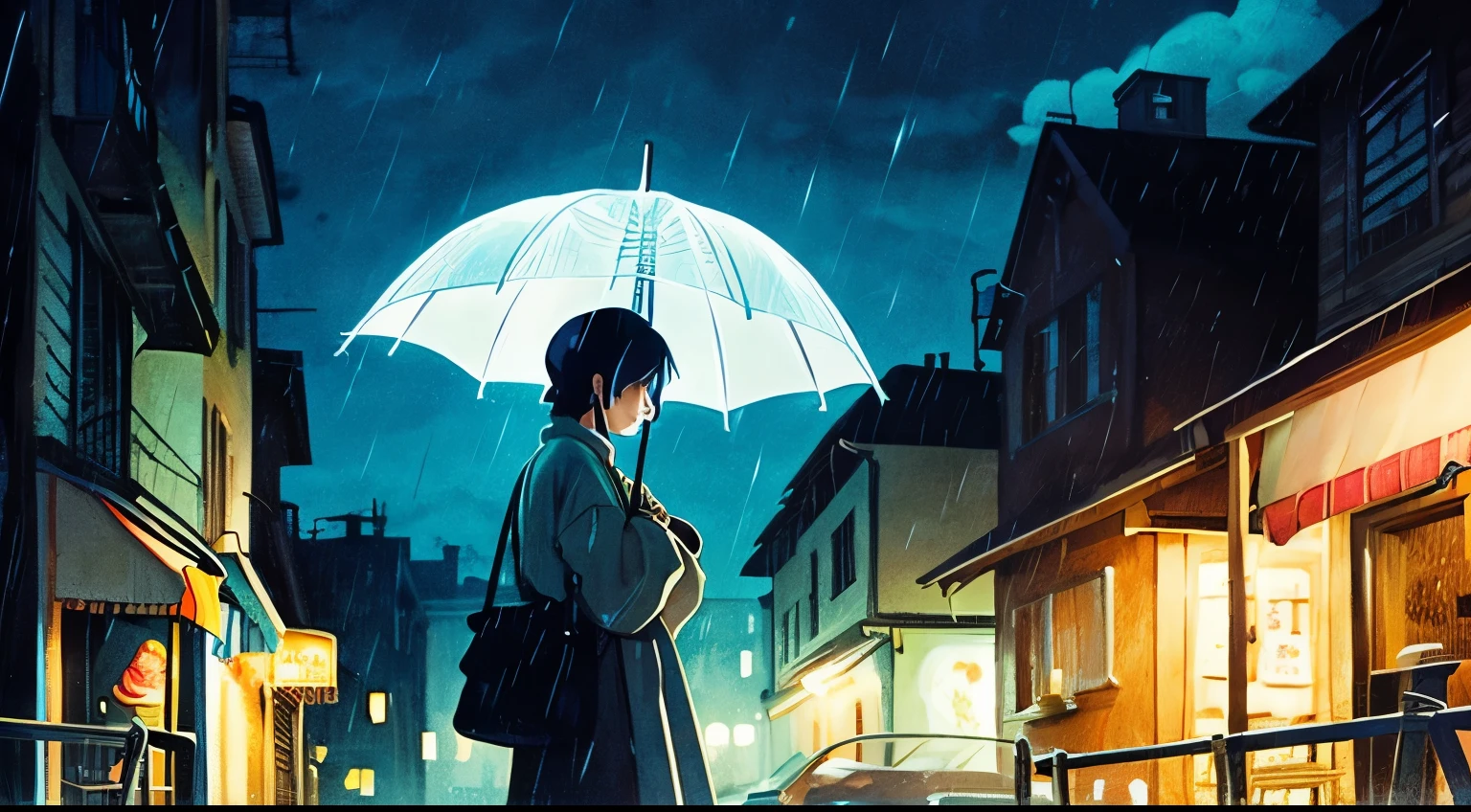 rain　Cafe　night　Ghibli-style illustrations