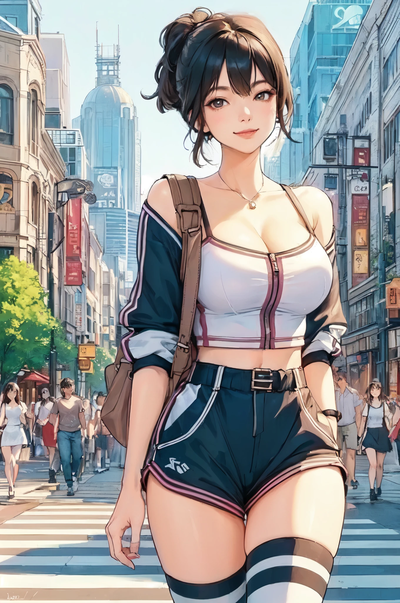 1lady solo, (strolling through city), (stylish outfit) (chic and sporty attire), mature female, /(black hair/) bangs, kind smile, (masterpiece best quality:1.2) delicate illustration ultra-detailed, large breasts BREAK (holding designer's bag) BREAK (populous downtown) outdoors, noon, crowded, detailed background