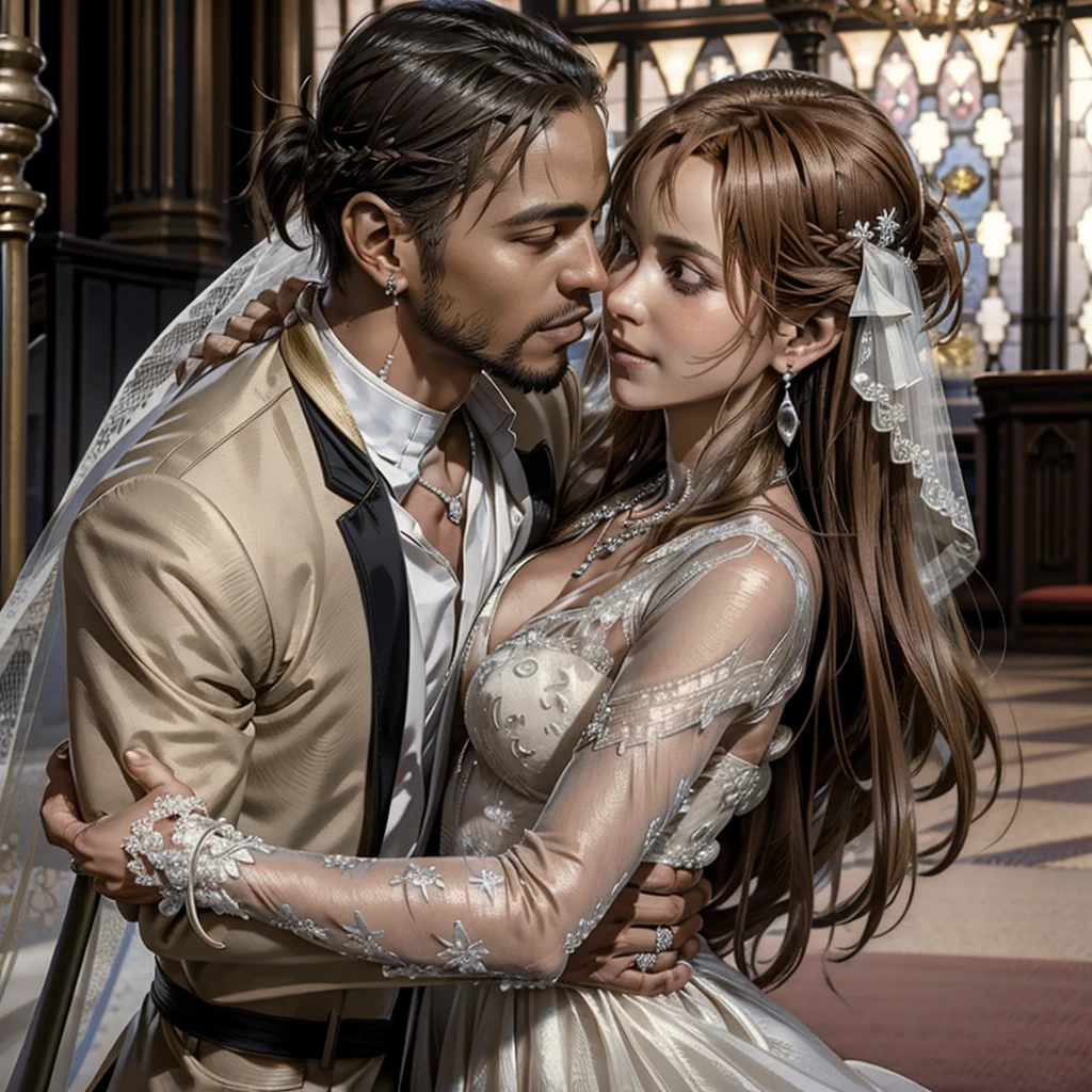 ((highest quality)), ((masterpiece)), Perfect Face、((Yuuki Asuna))、Brown Hair、（Black man and woman getting married）、The woman is wearing a gorgeous white wedding dress and a veil.、The man is in a tuxedo、（Black men have dark skin and strong bodies）、Woman has happy expression、Black man hugs woman、The woman is wearing earrings and a necklace、Man and woman engagement rings、A man and a woman embrace each other and kiss each other deeply at their wedding、Hair wedding at church、The vow kiss is done in front of the priest