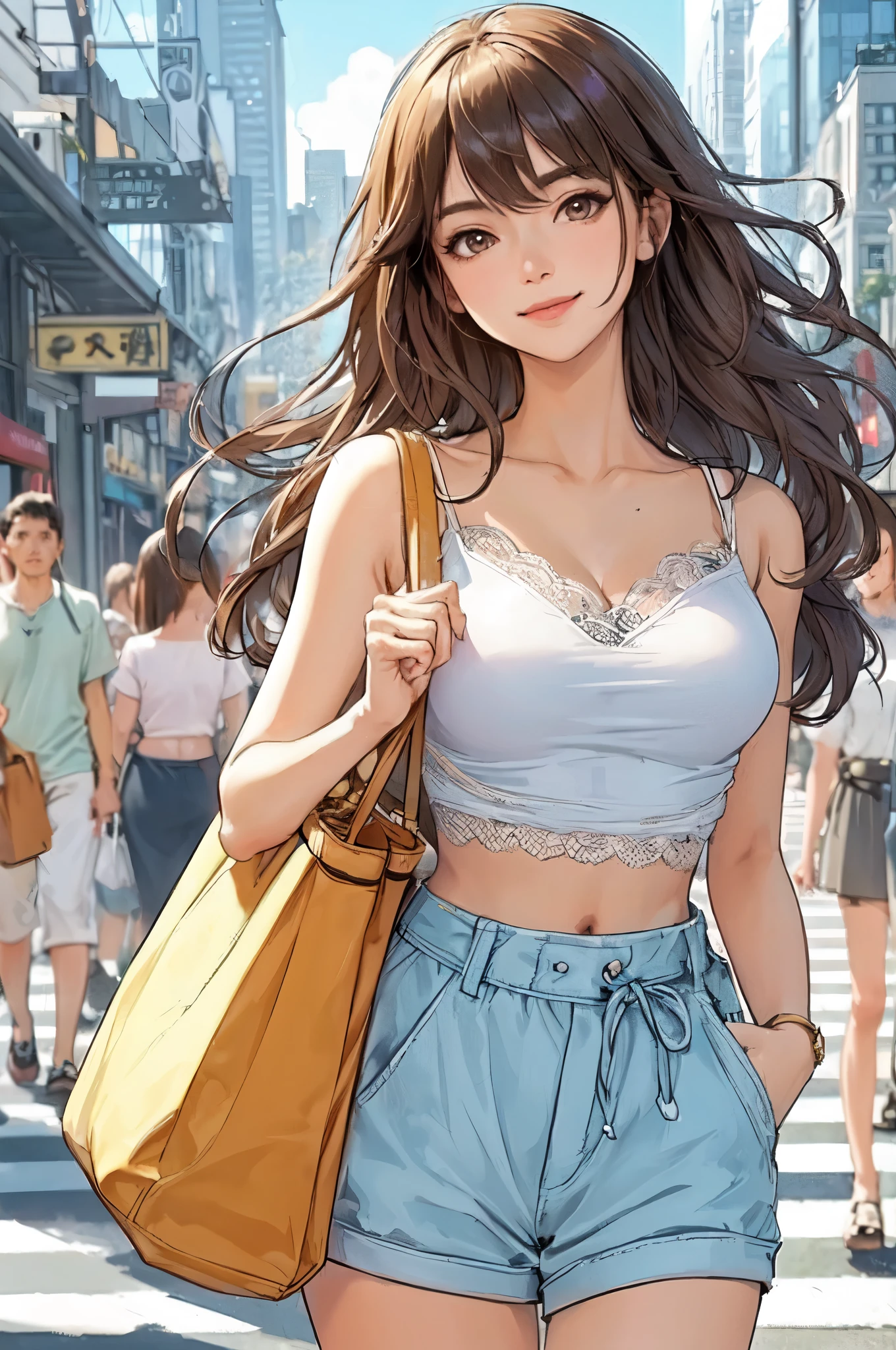 1lady solo, (strolling through city), (stylish outfit) (refreshing and sporty attire), mature female, /(brown hair/) bangs, kind smile, (masterpiece best quality:1.2) delicate illustration ultra-detailed, large breasts BREAK (holding designer's bag) BREAK (populous downtown) outdoors, noon, crowded, detailed background
