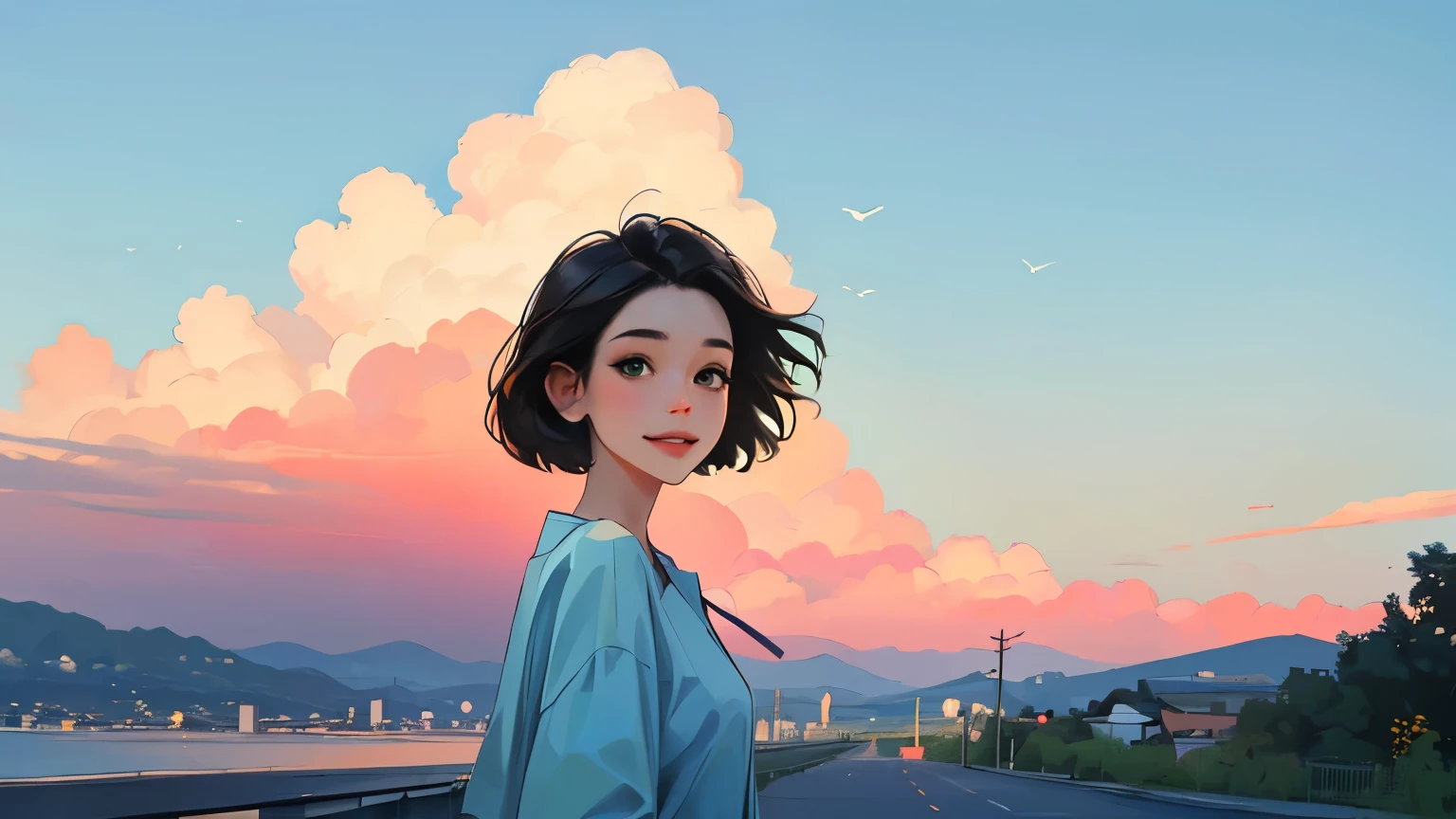 ((masterpiece)),(((bestquality))),((ultra-detailed)) realisticlying, 1 girl, Beautiful, black hair, happy, The sky morning, looking to viewer, soft green, city, road, mountain. sky blue.