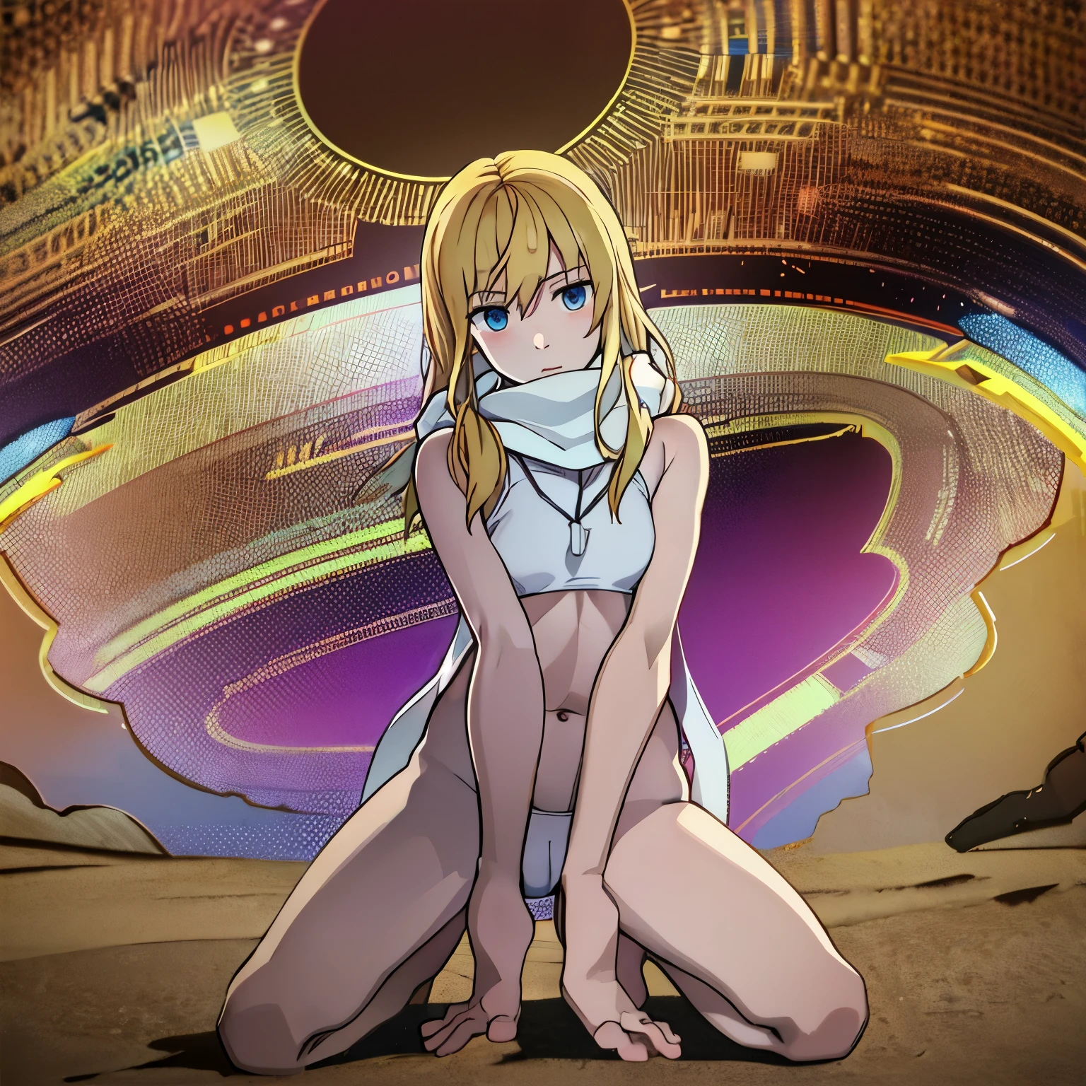 lucy from chrono ark, 1girl, solo, small breast, short height, soft smile, looking at viewer, blurry background, outdoors, full body, slim, ((masterpiece)), best quality, 4k, cinematic lighting, ray tracing, reflected light, panorama, flat chest, high detailed illustration, high detailed background, hi-res, naked, no clothes, bare breasts, bare skin, pale skin, no clothes, hand between legs, small round nipples, white scarf, only wearing scarf, legs together, doggystyle, showing butt, on her hands and knees, bare feet, feet soles, naked body, bare pussy, from the back