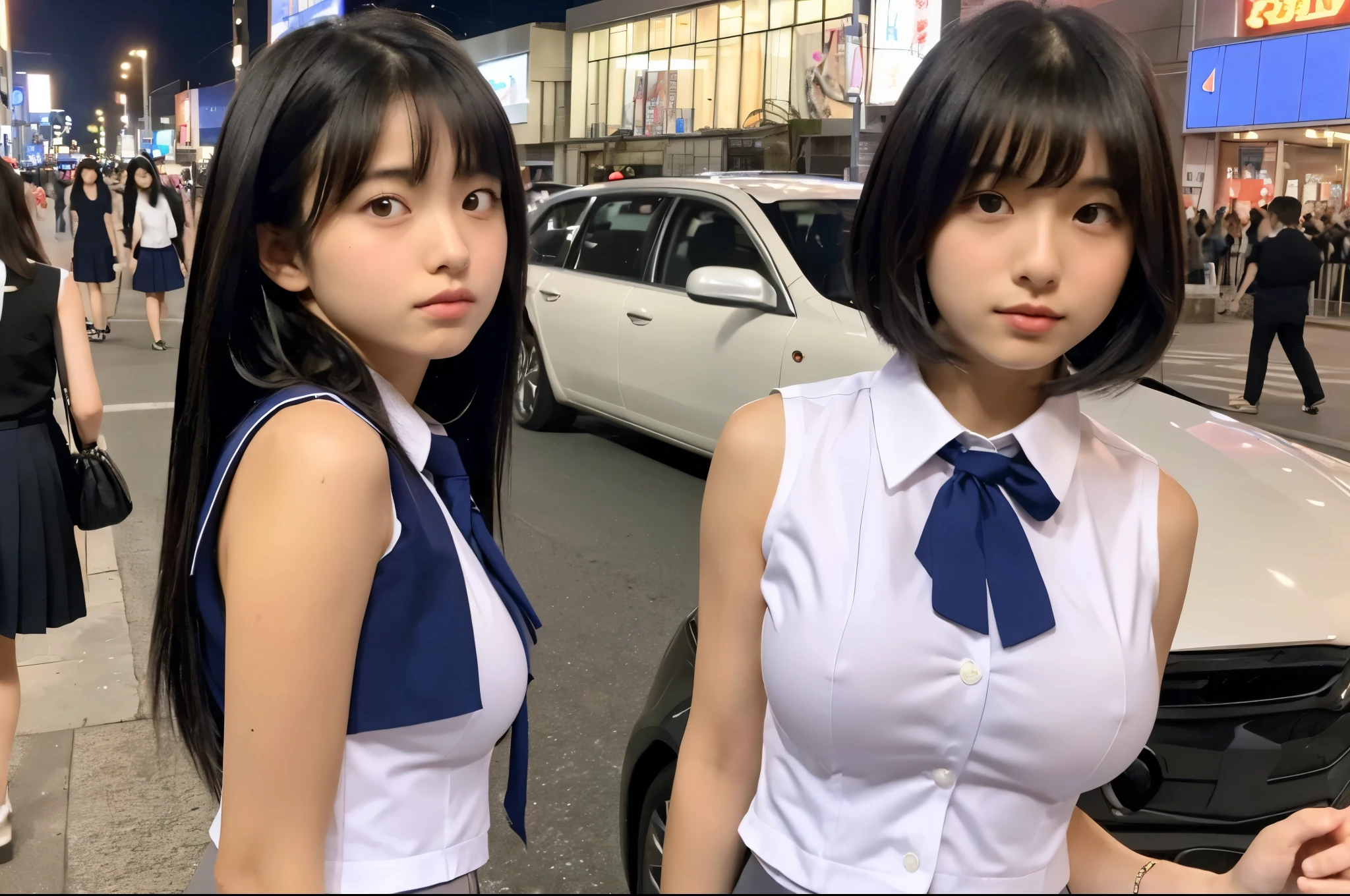 (Sleeveless uniform:1.3) Very sexualized uniform high school girl White cotton shirt (Big Breasts:1.3) Very detailed super high quality super high quality Surreal photograph Three Japanese Girls (Each girl has a different hairstyle randomly、A different face:1.3) Fair skin ((Half-open lips:1.3)) Beautiful and soft skin ((Beautifully styled straight short hair)) Beautiful and perfect body very cute Beautiful young man with clear skin々New Skins 16 years oldを着たhigh school girl) Big Breasts whole body Everyday City Busy city ((night)) audience'perspective Front view (Big Breasts:1.3) (Cleavage) (Amazingly cute girl:1.3) (whole bodyポートレート)