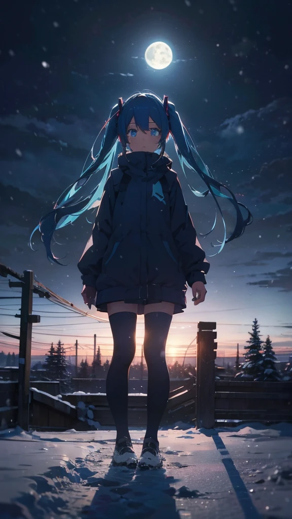 (masterpiece、highest quality)、1 girl ,Grim expression、hatsunemiku,Warm lighting、 Blurred foreground、night、High Contrast、Twin tails,blue gem eyes,Blue Hair,night,snowing,Heavy snowfall,winter,Alone in the vast snowy field,whole body,curse,Looking at me,Huge construction,moon,whole body,shine,bright,Sad expression,whole body,sad face,Huge structures,universe,planet,Standing,Ruin,heavy snow,A world of white silver,Grim expression,tears