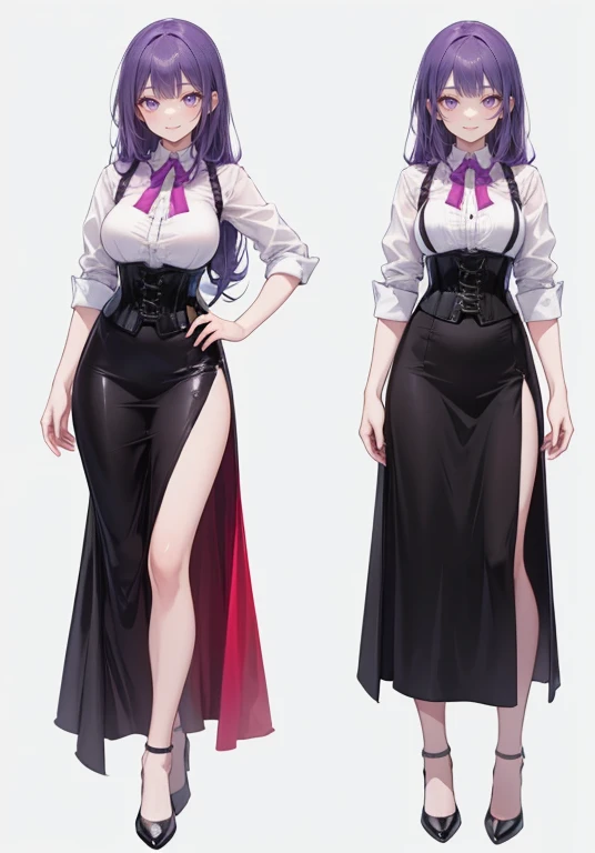 Purple hair,Long hair,Adult female,Bartender,((Body harness)),((Rolling up your sleeves shirt)),(Corset),(Long skirt),(slit),High heels,((Simple background)),Smile,((Full body)),((whole body)),Character Sheet,