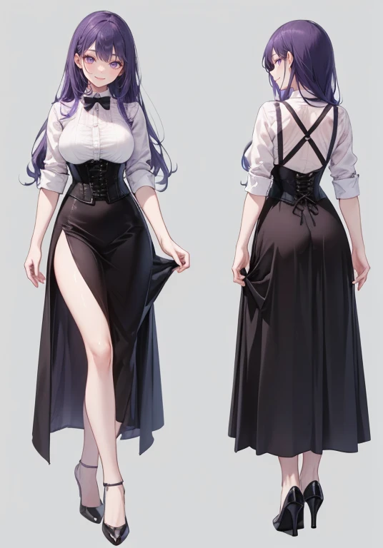 Purple hair,Long hair,Adult female,Bartender,((Body harness)),((Rolling up your sleeves shirt)),(Corset),(Long skirt),(slit),High heels,((Simple background)),Smile,((Full body)),((whole body)),Character Sheet,