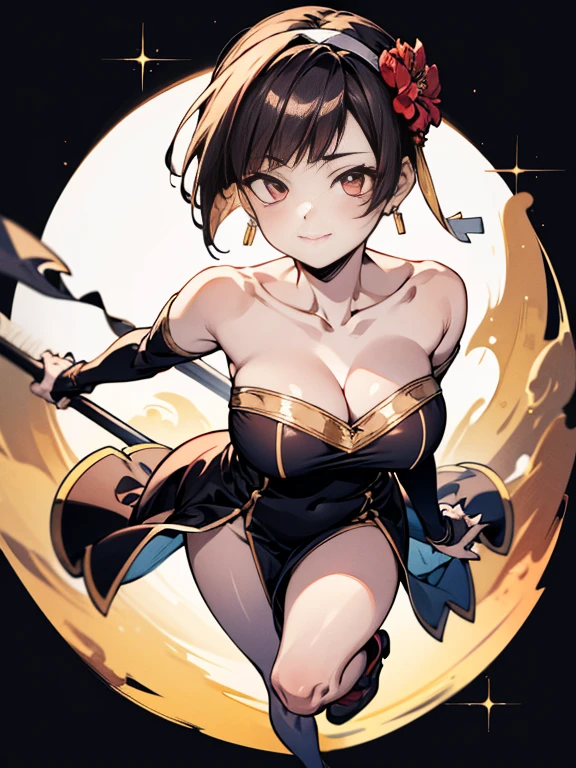 Anime style beutiful woman, 1girl,fullbody, happy, (with sparkling eyes and a contagious smile:1.2), red face, closed mouth, beautiful detailed eyes, super detailed skin, backlighting, bare shoulders, black background, black dress, black gloves, black hair, breasts, dress, earrings, fingerless gloves, floating hair, floral print, flower, gloves, gold earrings, gold hairband, hair flower, hair ornament, hairband, holding, holding weapon, jewelry, large breasts, long hair, looking at viewer, off-shoulder dress, off shoulder,red eyes, short hair with long locks, sidelocks, solo, spikes, thighs, two-sided dress, two-sided fabric, weapon, fighting stance , face, close up, from above, highest quality, high resolution,Real World, Natural light,perfect Natural light,looking at viewer,