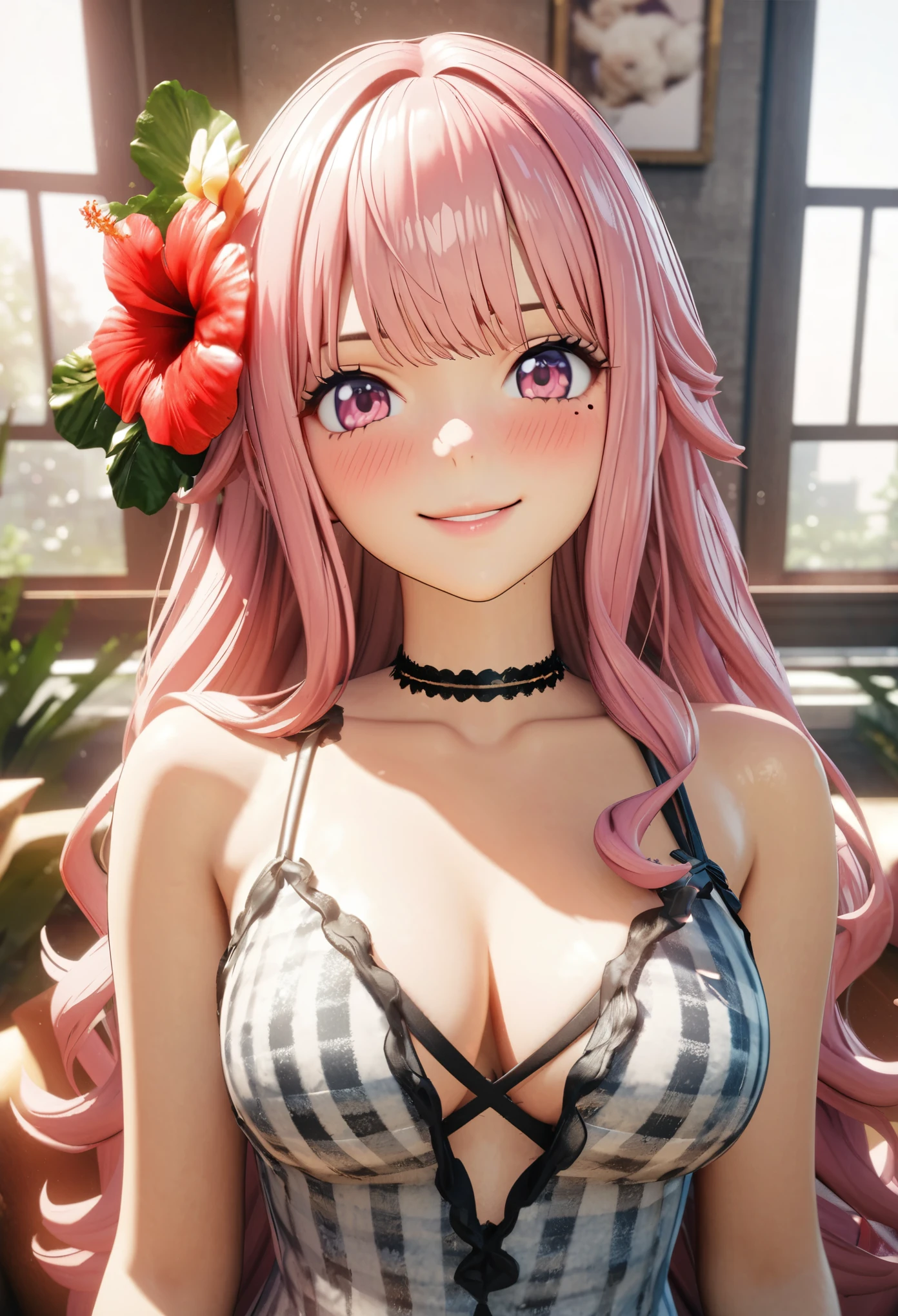 masterpiece, highest quality, Very detailed, High resolution, An expensive solution, High resolution, 4K, 8k, unity 8k wallpaper, Very detailed CG, masterpiece, 2D, 3D, Beautiful details, depth, Fine texture, highest quality: 1.3, Total concentration, Crisp skin, he, Very cute anime rabbit, A cute rabbit like an idol, expensive pink long hair, One Girl, Aloha One Piece, morning, morning食, hibiscus hair accessory, Smiling long pink hair, whole body, Mole under the eye, Line Sight, expensive, blush, Lips parted, heart, Pink Eyes, choker