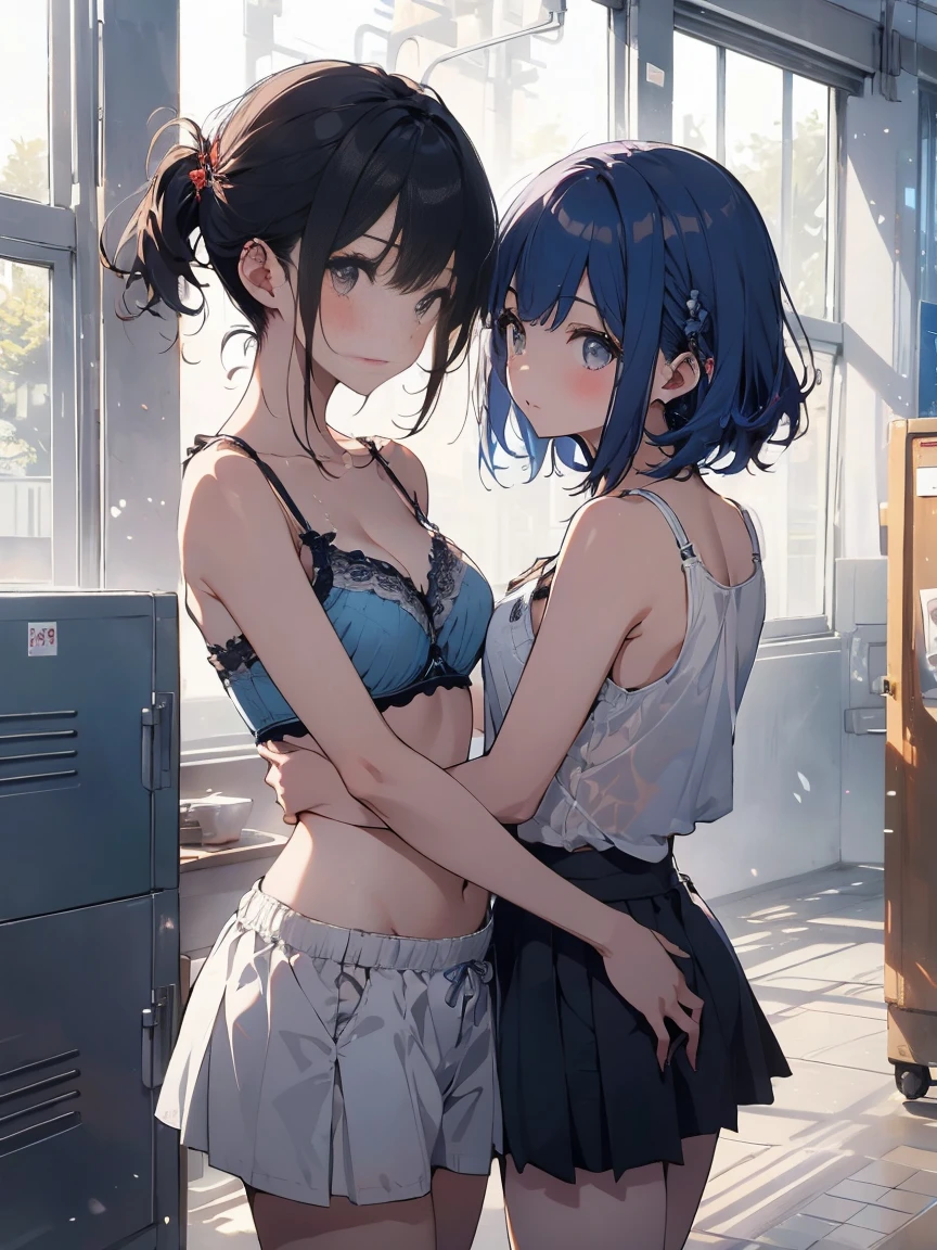 (highest qualityのイラスト:1.2), (cute girl:1.1), (1 girl, alone:1), (2 girls、8-year-old、、、small、cute、cute、small胸、Very detailedな目:1.2)、(Yuri、kiss、Hug from behind、grab、eyes half closed、eye contact:1.Sweat、I was embraced、blush:1.1)、 break White Bra、ピンクのgood、Blue Bra、Green bra、Grey Bra、light Grey Bra、 Striped bra、水玉模様がgood、goodチェック柄、cute、good、kids good、sporty、camisole、Cotton panties、School Skirt、Blake Black Hair、Blue Hair、Brown Hair、extra belly short hair、short hair、Middle Hair、Hair length、Wavy Hair、Curly Hair、Pale pink braids、Princess Cut、Bobcut、Twin tails、低いTwin tails、ponytail、ライトブルーのローponytail、break(locker room:1.2)、(evening、evening、Orange sunlight:1.2)、 break(highest quality、Very detailed、Very detailed and beautiful、超A high resolution、Arm details:1.2)、Browsing Caution Beautiful Pool