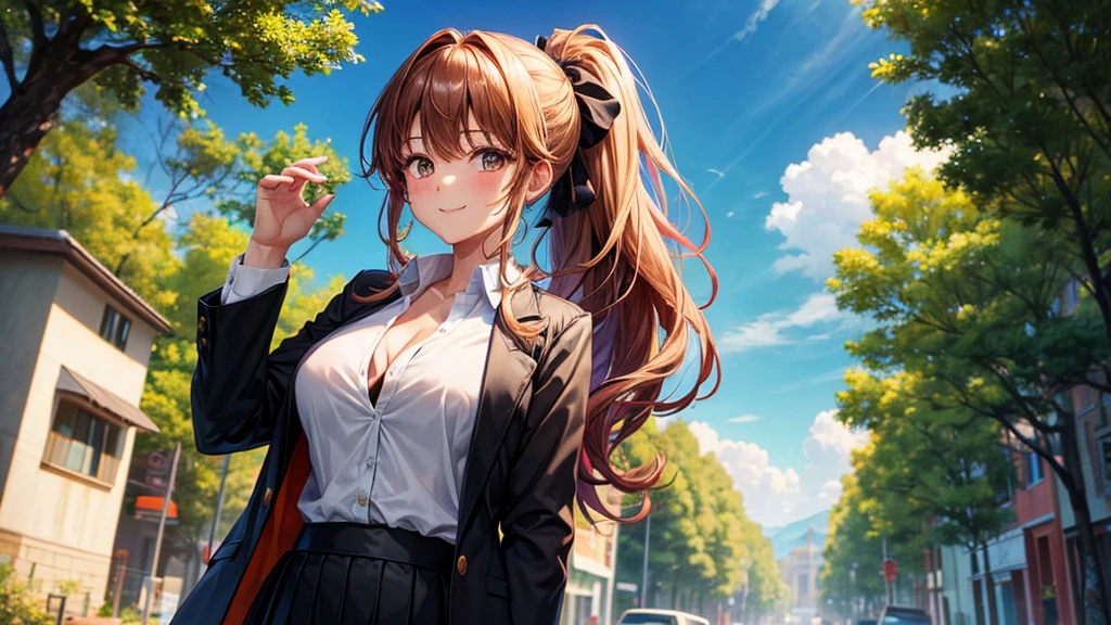 1girl, full body, solo, summer, village, trees, sun, clouds, ((colorful hair)), long hair, curly hair, ponytail, large breasts, ((black blazer)), button down shirt, ((white shirt)), ((short sleeved shirt)), ((unbuttoned shirt)), unbuttoning buttons, cleavage 1:3, brown eyes, skirt, smile, looking at the viewer, standing, hair ribbon, golden necklate