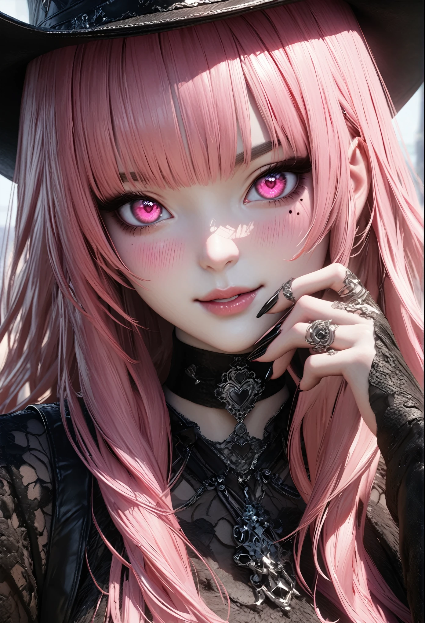 A very cute goth anime girl with Pink hair and bangs, wearing rings on her fingers, pale skin, sharp eyes, dark makeup, she has long acrylic nails that have been painted silver, intricate rings on fingers, wearing an all-black outfit, She exudes sophistication and cool. in the style of hyper realistic. fasion style, mysterious smile, --ar 3:4 --niji 6 --style raw --s 1000 masterpiece,highest quality, Very detailed, High resolution, expensive resolution, High resolution, 4K, 8k, unity 8k wallpaper, Very detailed CG, masterpiece, Realistic, 2D, 3D, Beautiful details, depth, Fine texture , highest quality: 1.3, Fully focused, Crispy.skin, .he, Very cute anime girl 、Cowboy Styleの衣装、Cowboy hat、Cowboy boots テキカン 荒野、Pink semi-long hair wearing expensive , One Girl、alone, Pink semi-long hair, Cowboy Style、Cowboy hat、Long sword、duel、Cowboy boots、computer、disk、Mole under the eye, looking at the viewer , expensive , blush, Mole, Lips parted, hair ornaments, heart, Pink Eyes, choker