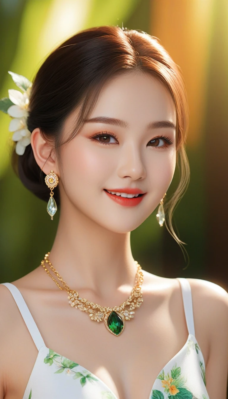 pretty girl: Asian, super cute;
Age: from 18-20 years old;
hair: bronze orange, smooth, shimmering in the sunlight, detailed;
skin: ivory white, rosy and flawless;
eyes: jet black, almond shaped, sexy, youthful, clear, super detailed, elegant, seductive, sharp makeup, realistic, eye-contact;
eyelids: delicate, perfect beauty;
Eyebrows: arched, sparse, sharp;
face: beautiful, pure, like a fairy, with gentle makeup, lovely, perfectly balanced, beautiful in every detail;
nose: pretty, lovely, high;
Cheekbones: prominent;
lips: seductive, light red lipstick, lovely lip gloss;
teeth: radiant, pure white;
charming smile, showing off bright white teeth;
body: full of youth;
accessories: necklaces, earrings, bracelets;
Costume: ((with "Rio Beer" printed on it));
Fashion style: high-end, modern, luxurious;
Photo quality: non-NSFW, 8K CG HD, sharp, super beautiful graphics, professional, detailed, vibrant colors, super smooth, advanced techniques, true RAW;
light: complex, golden-black rays;
sunlight: sparkling, illuminating the girl's body;
Background: street, cool green trees.