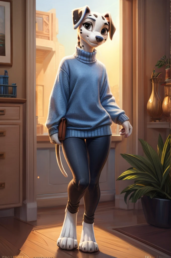 [D=" slim, young, teenager, cute, damlatian, female, anthro, beautiful, digitigrade socks, oversized slim blue sweater, tight leggings, black dalmatian's dots"], D inside a room with warminig sun's light, beautiful furry art, masterpiece, breathtaking, trending on artstation, superb linework, very good illustration, highly detailed, by hioshiru, by zaush, by pixelsketcher.  Casual photo.