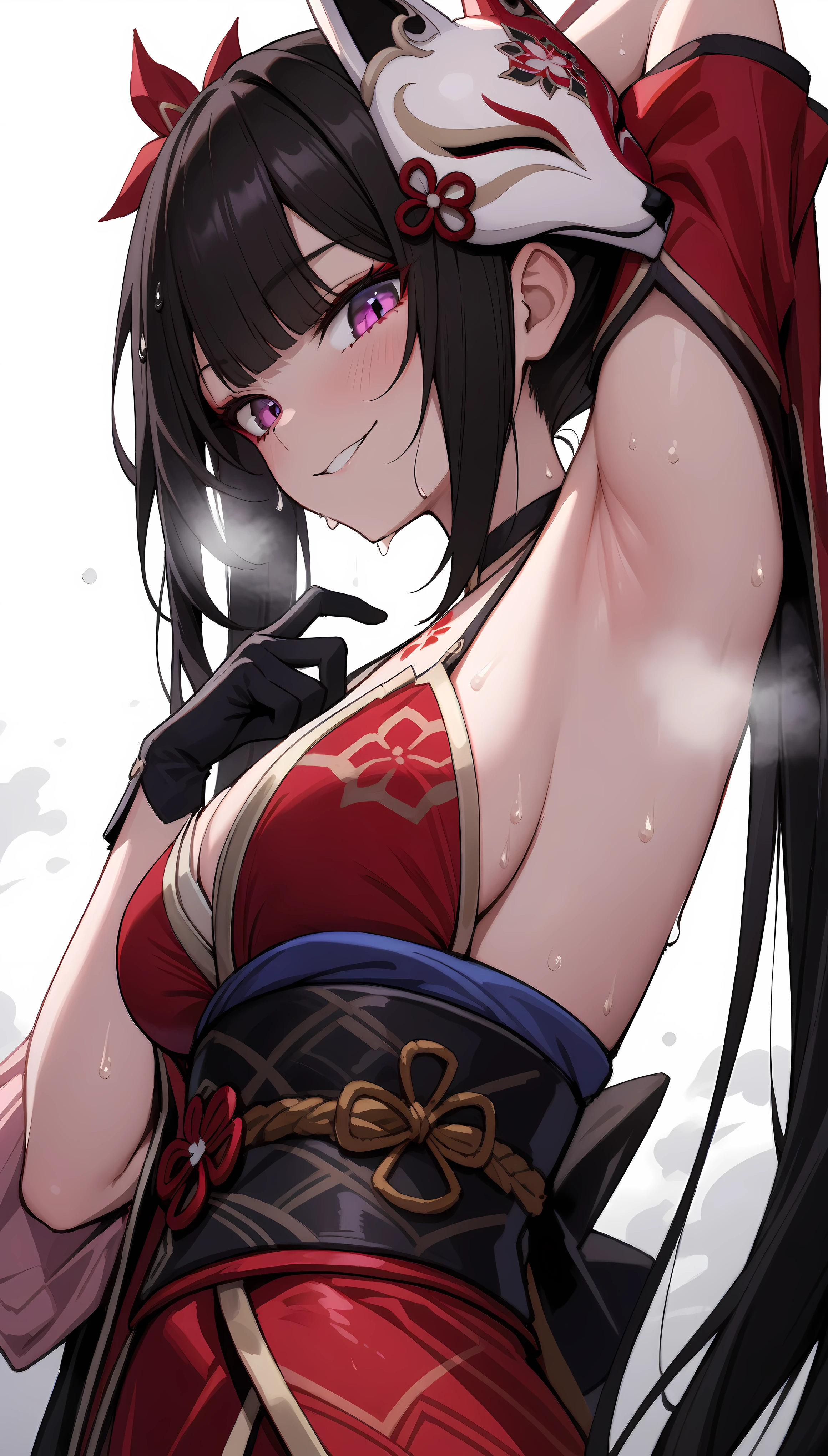 (masterpiece:1.2), hyper detail, best quality, (intricate_details:1.1), beautiful detailed, beautiful hair, solo,1girl,huahuo, 1girl, single_glove, mask on head, sash, black hair, twintails, purple eyes, obi, (fox mask:1.1), single glove, japanese clothes, (Cherry blossom tattoo, chest tattoo:1.1),sweating,heavy breathing,steam,open jacket,greasy shoulder,from below,looking down,flipped hair,armpit,greasy armpit,from side, shoulder focus,wet clothes,((armpit focus)),bare shoulder,smirk,looking at viewer,upper body,hand holding mask,hand on breasts,(sideboobs),five fingers, backlighting,((greasy armpit)),((smooth armpit)),big breasts