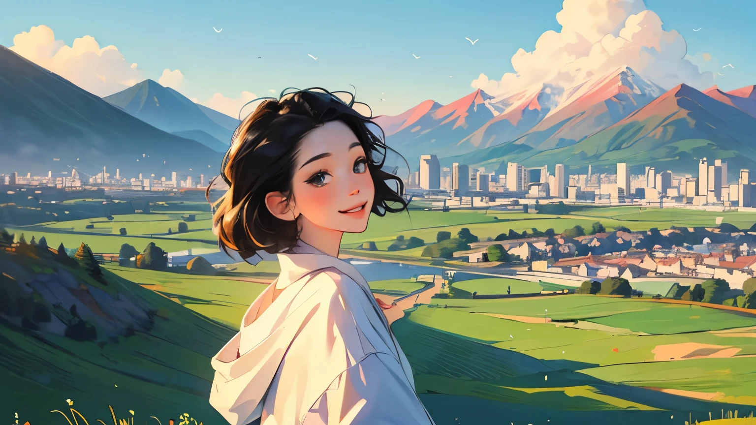 ((masterpiece)),(((bestquality))),((ultra-detailed)) realisticlying, 1 girl, Beautiful, black hair, happy, The sky morning, outdoors, looking to viewer, soft green, city, mountain. sky blue.