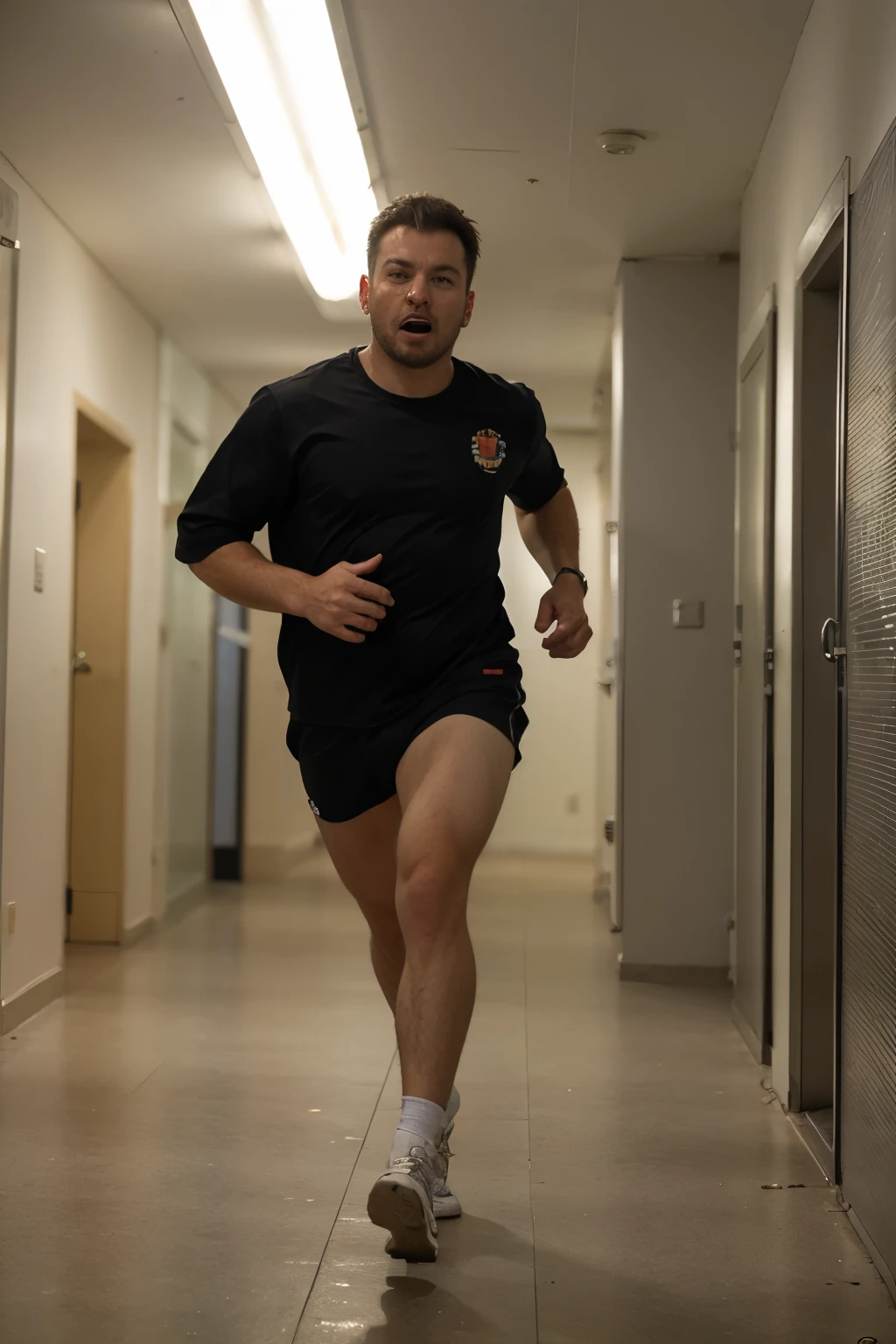((Best quality)), ((masterpiece)), (detailed), идеальное лицо
a man runs in the long corridor of the crematorium from a crowd of animated corpses to meet us