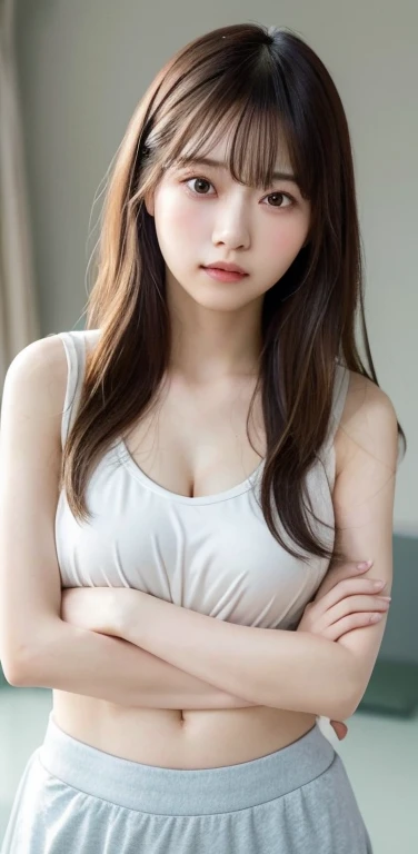 masterpiece, highest quality, 8k, 20th Generation, Large Breasts, cute, alone, sad, cute, Girlish, Delicate girl, Pure beauty, RAW Photos, Professional photography, Portraiture, Soft Light, Professional Lighting, Backlight, Upper Body, avert your eyes, Sophisticated, Film Grain, (Eyes and facial details:1.0), Short floating hair, Beautiful, flowing hair, bangs, (Loose-fitting high school gym clothes(pastel colour))、(Large Breasts:1.0)、You can see a little cleavage、Dolly Makeup、Translucent white skin、White Breasts、Odd Eye、The colour of the left and right eyes are different